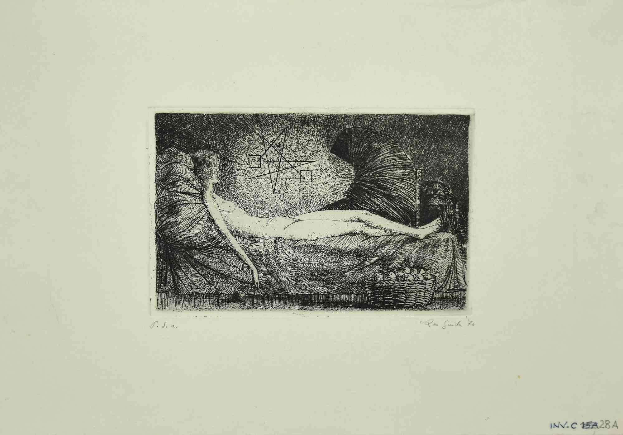 Nude ist ein Original-Kunstwerk des italienischen zeitgenössischen Künstlers Leo Guida aus dem Jahr 1970  (1992 - 2017).

Original-Radierung auf elfenbeinfarbenem Papier.

Am unteren Rand handsigniert und datiert. Künstler-Nachweis.

Ausgezeichnete