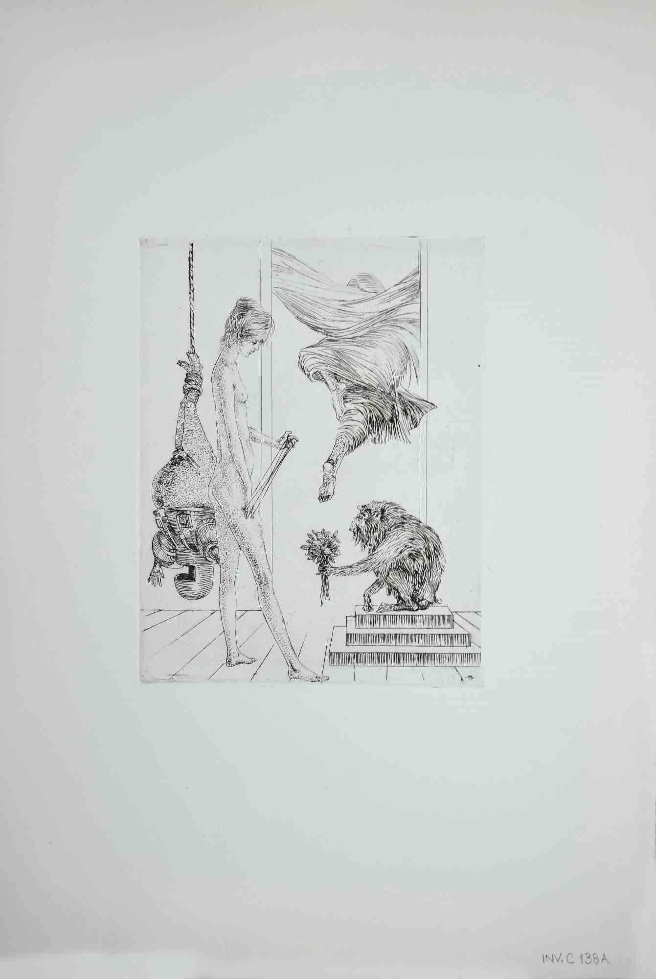 Nude is an original artwork realized in 1970 by the italian Contemporary artist  Leo Guida  (1992 - 2017).

Original black and white etching on ivory-colored cardboard.

Not signed. In this artwork is represented a nude woman with a monkey holding a