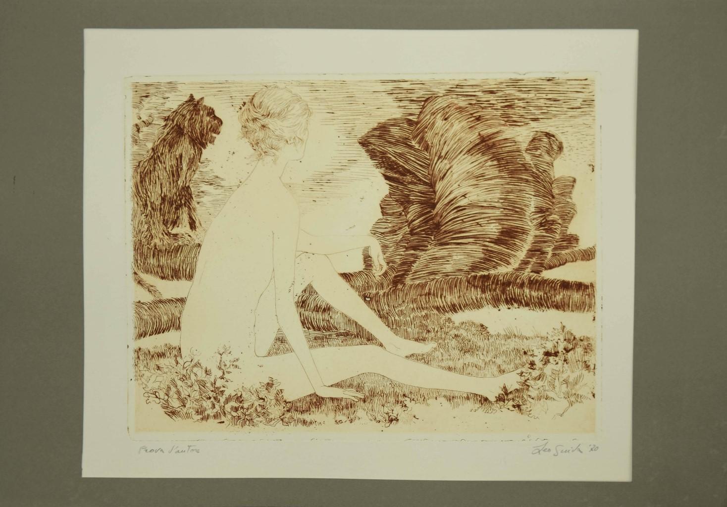 Nude is an original black and white etching realized by Leo Guida.

Hand-signed and dated in pencil, on the lower right. "Prova D'Autore", on the lower left.

 The state of preservation is good. "INV.C. 29B", on the lower right margin.

Green