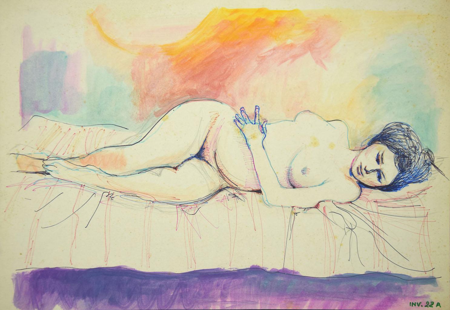 Femme nue  est une œuvre d'art originale en techniques mixtes sur carton réalisée par Leo Guida au XXe siècle.

L'état de conservation est bon, à l'exception de quelques rousseurs.

Dimension de la feuille : 35 x 50

ONn la marge inférieure droite