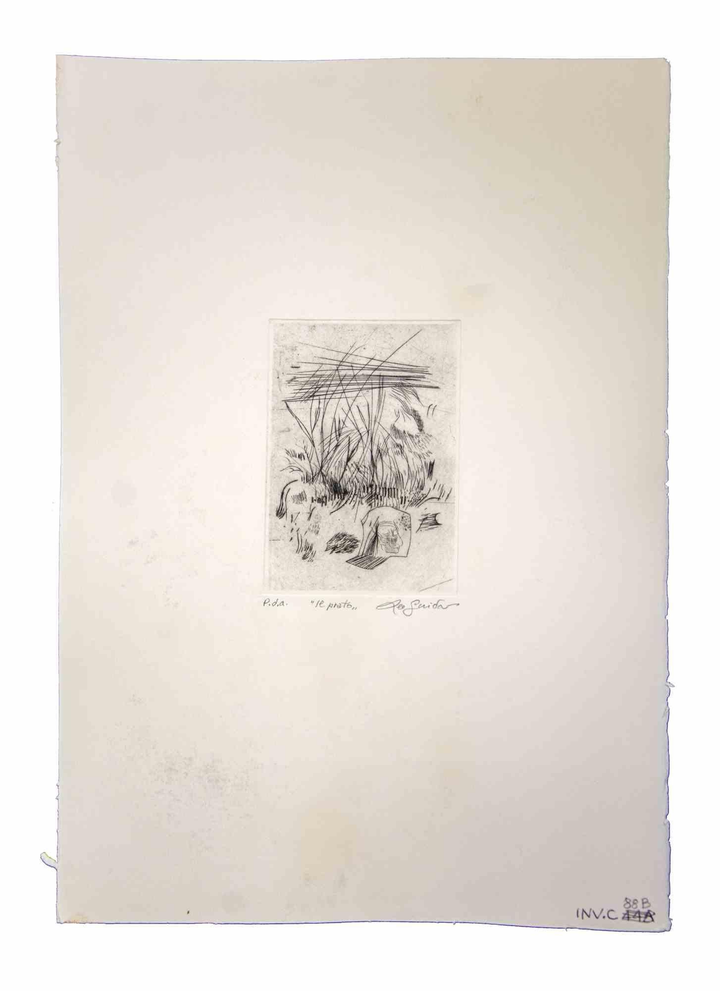 On the Grass is an original artwork realized in the 1970s by the Italian Contemporary artist  Leo Guida  (1992 - 2017).

Original etching.

Good conditions.

Hand-signed

Artist's proof.

The artwork is depicted through strong strokes in