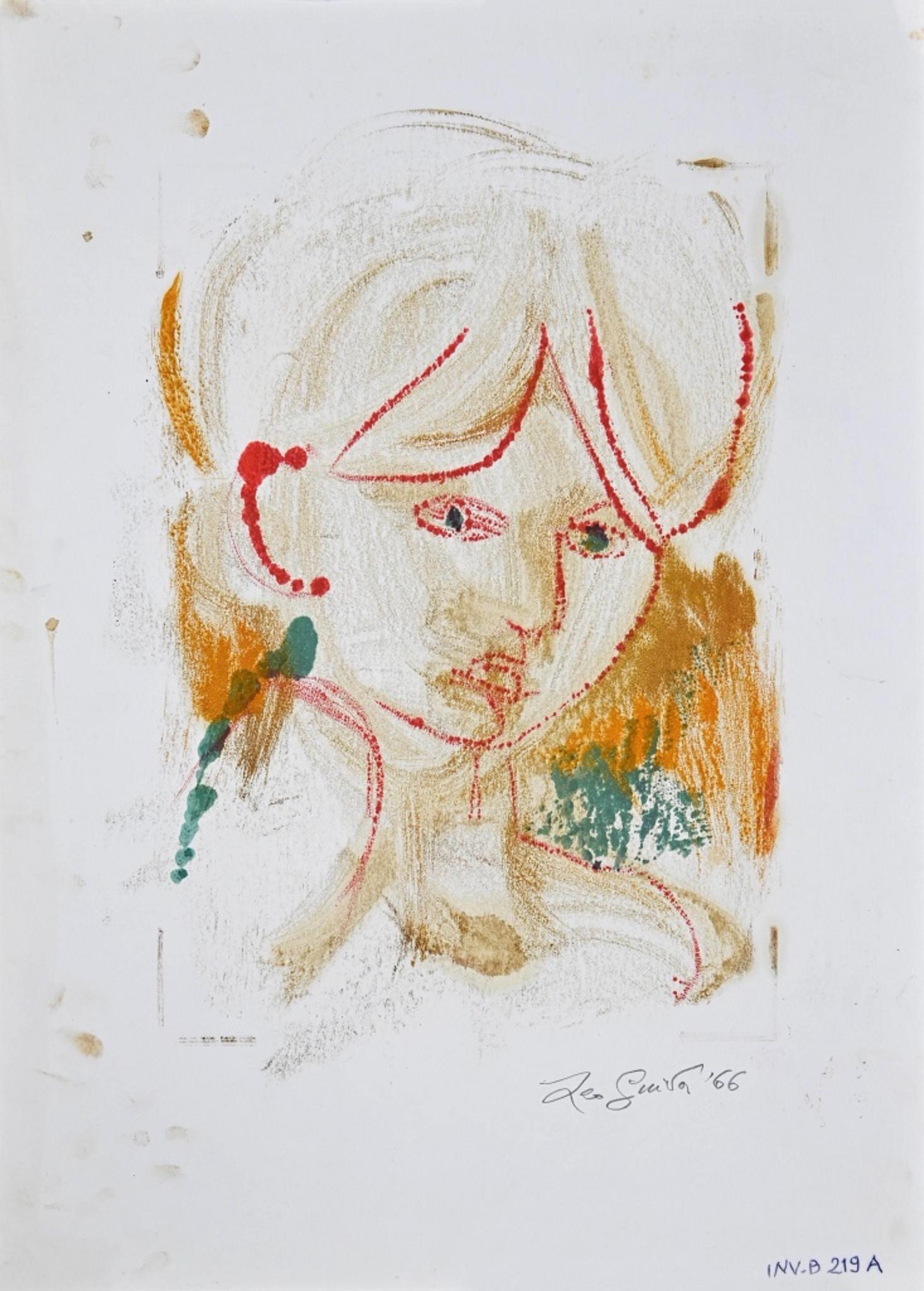 Female Portrait ist ein originales zeitgenössisches Kunstwerk des italienischen Künstlers Leo Guida aus dem Jahr 1966.

Handsigniert und datiert mit Bleistift in der unteren rechten Ecke: Leo Guida '66. 

Original-Lithographie auf Papier.  