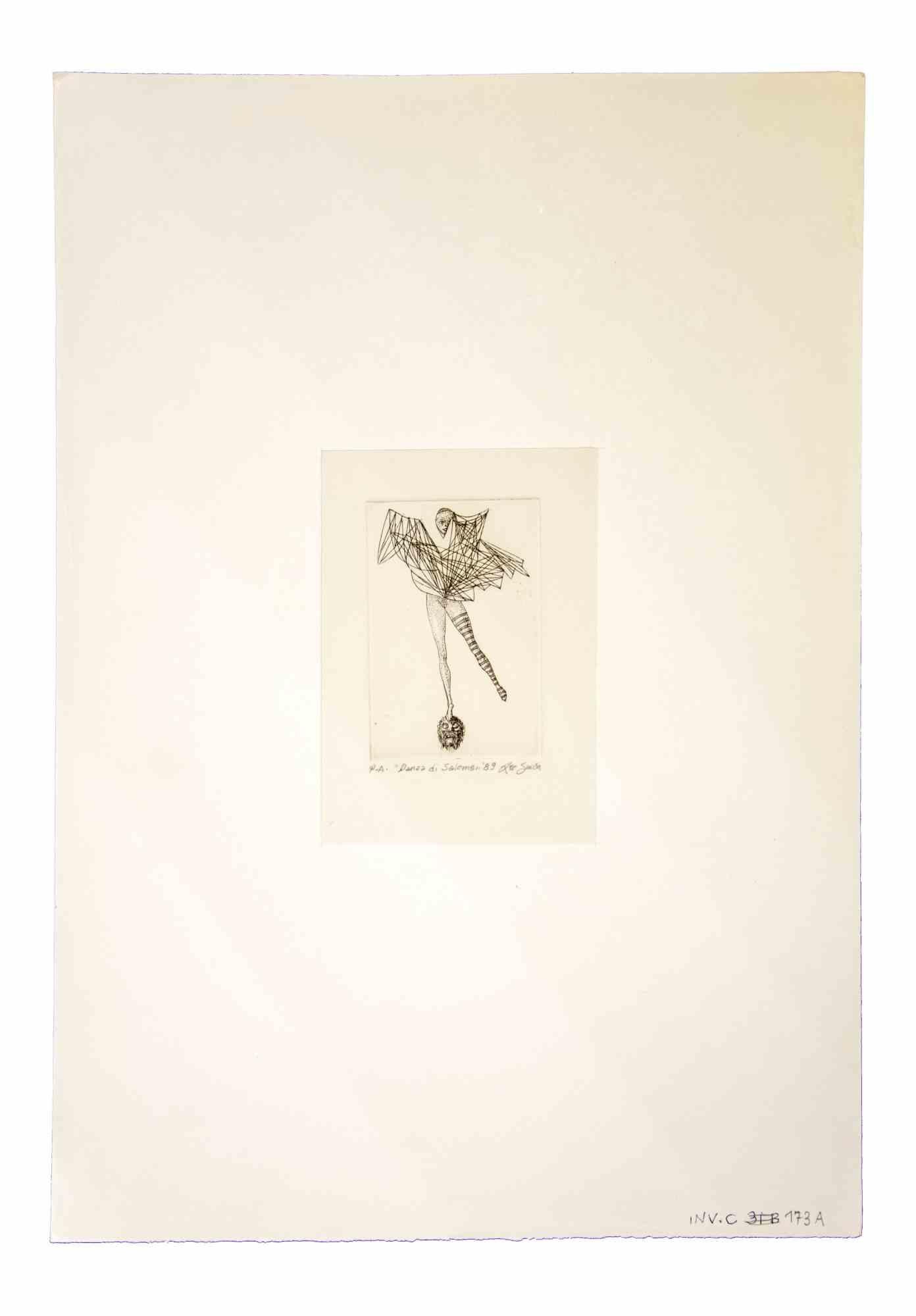 Salome's Dance is an original etching realized by Leo Guida in 1989.

Very good condition, hand signed and titled, artist proof.

Mounted on a white cardboard passpartout (50x35 cm).

Leo Guida  (1992 - 2017). Sensitive to current issues, artistic