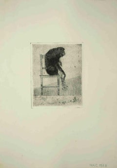 Monkey assis, gravure originale de Leo Guida - 1975