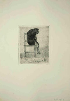 Seated Monkey - Original Etching by Leo Guida - 1975