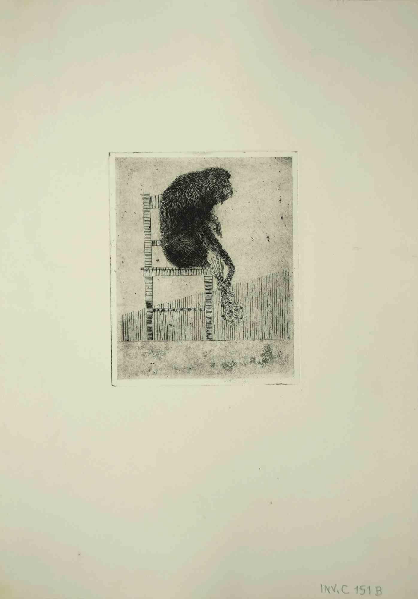 Sitzender Affen – Druck von Leo Guida – 1975