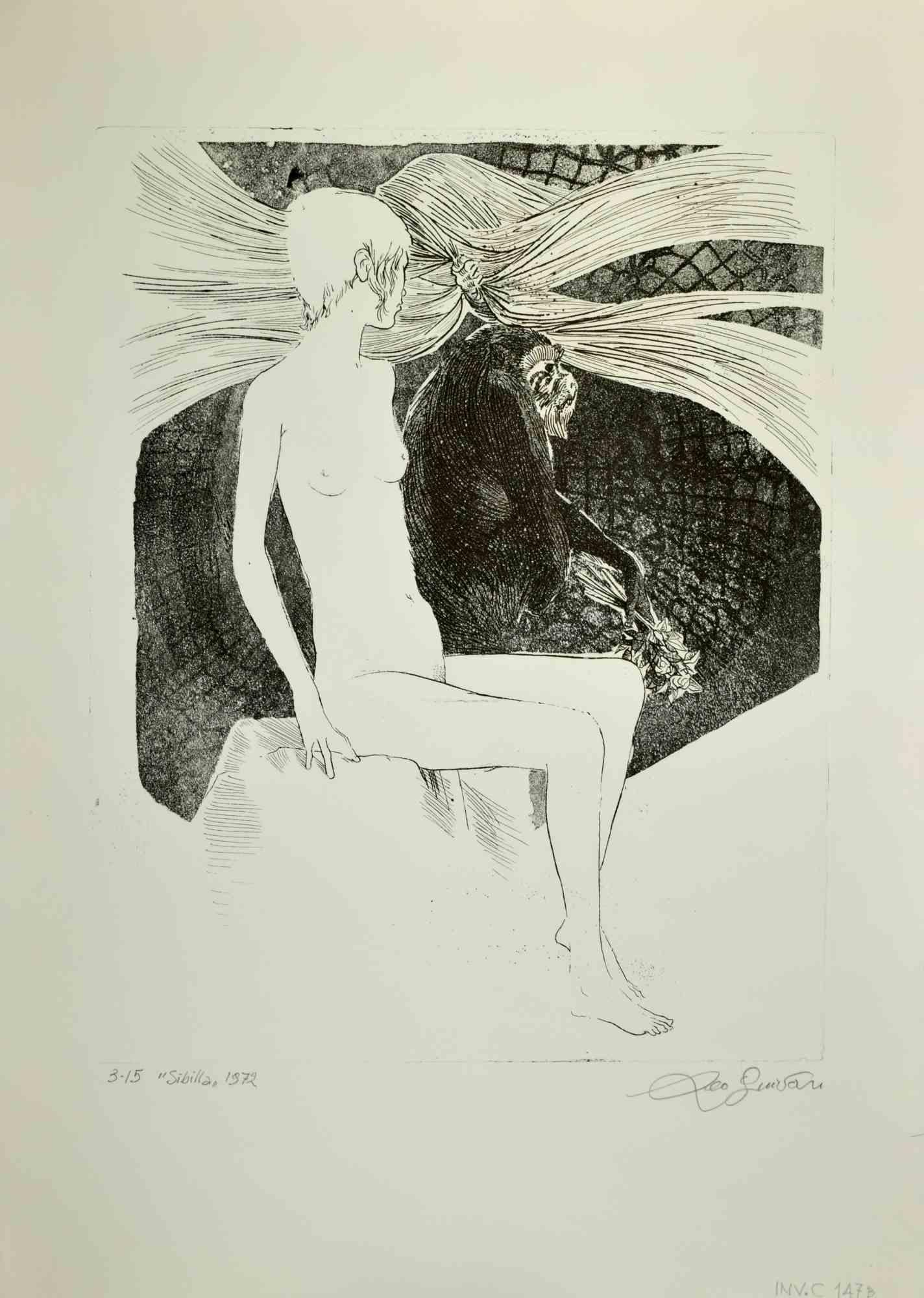 Sibilla is an etching print realized by Leo Guida in 1972.

Hand-signed, dated, edition of 3/15.

Good condition.

Leo Guida  (1992 - 2017). Sensitive to current issues, artistic movements and historical techniques, Leo Guida has been able to weave