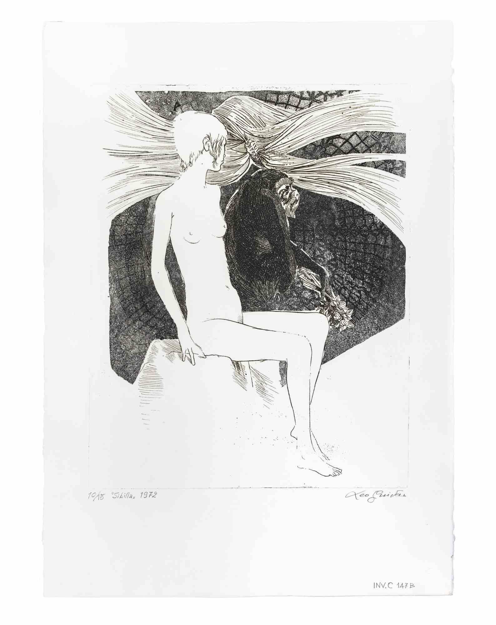 Sibilla (Sibyl) is an artwork realized by the italian Contemporary artist  Leo Guida (1992 - 2017) in 1975s.

Original black and white etching on paper.

Hand Signed on the lower right margin.Titled, dated and numbered, ex. 10/15, on the lower left