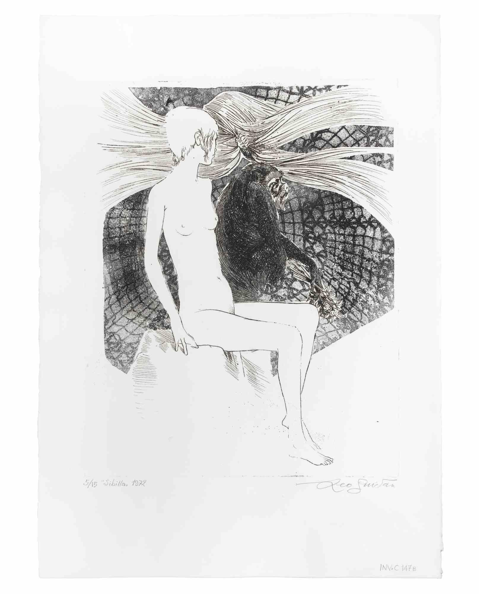 Sibilla (Sibyl) is an artwork realized by the italian Contemporary artist  Leo Guida  (1992 - 2017) in 1975s.

Original black and white etching on paper.

Hand Signed on the lower right margin.Titled, dated and numbered, ex. 5/15, on the lower left
