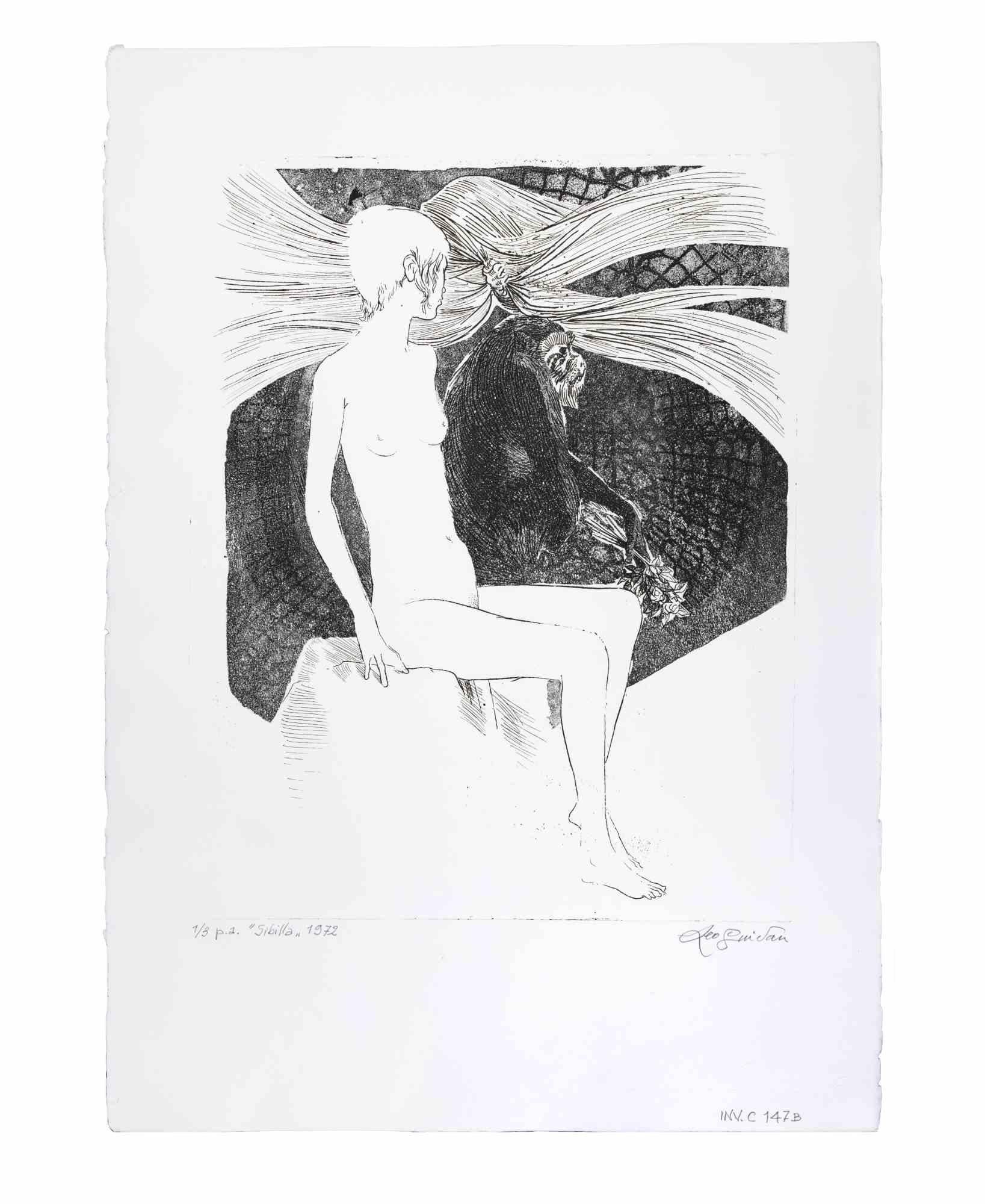 Sibilla Sibilla (Sibyl) is an artwork realized by the italian Contemporary artist  Leo Guida (1992 - 2017) in 1975s.

Original black and white etching on paper.

Hand Signed on the lower right margin. Titled, dated and numbered, ex. 1/3 p.a., on the