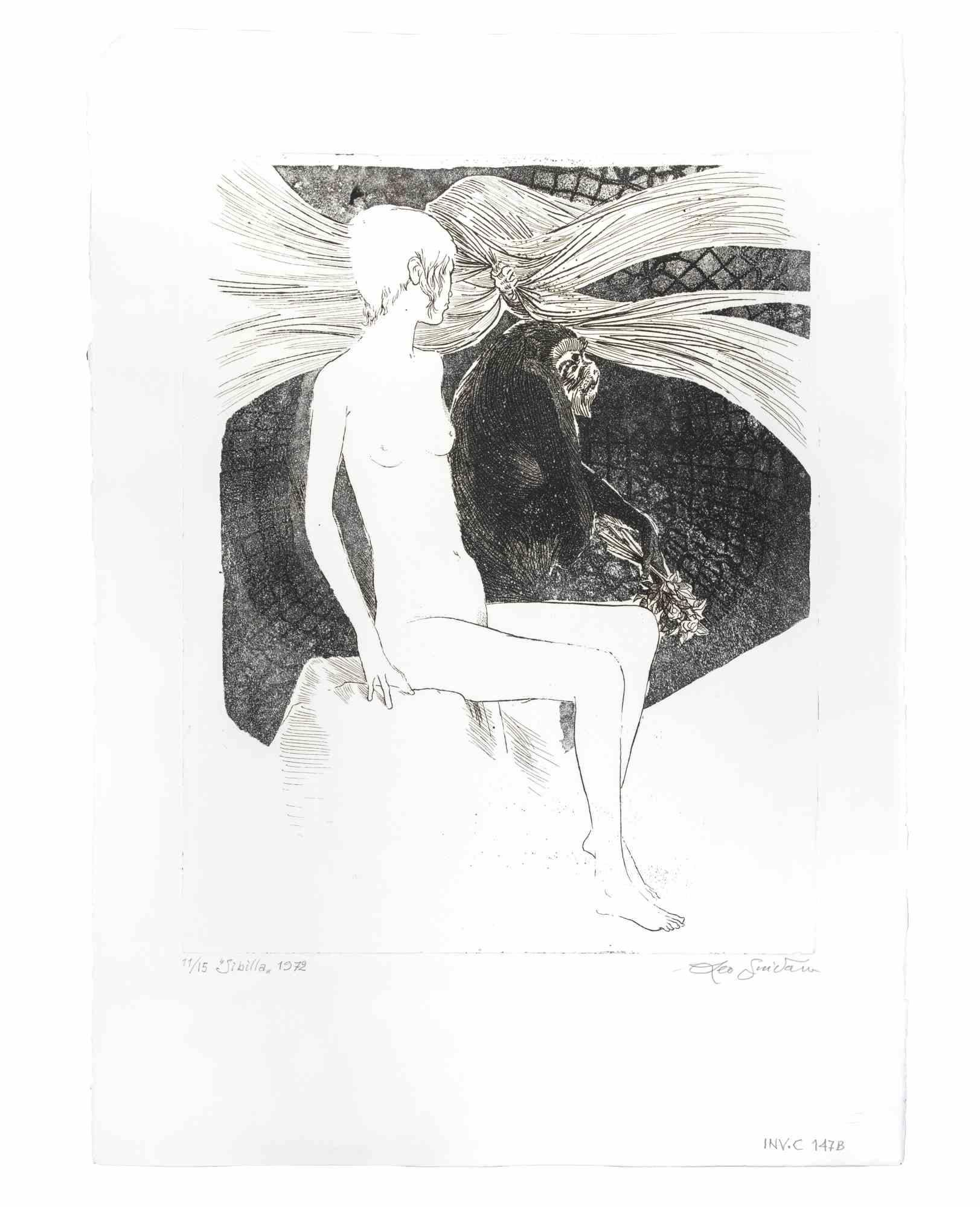Sibilla (Sibyl) is an artwork realized by the italian Contemporary artist  Leo Guida (1992 - 2017) in 1975s.

Original black and white etching on paper.

Hand Signed on the lower right margin.Titled, dated and numbered, ex. 11/15, on the lower left