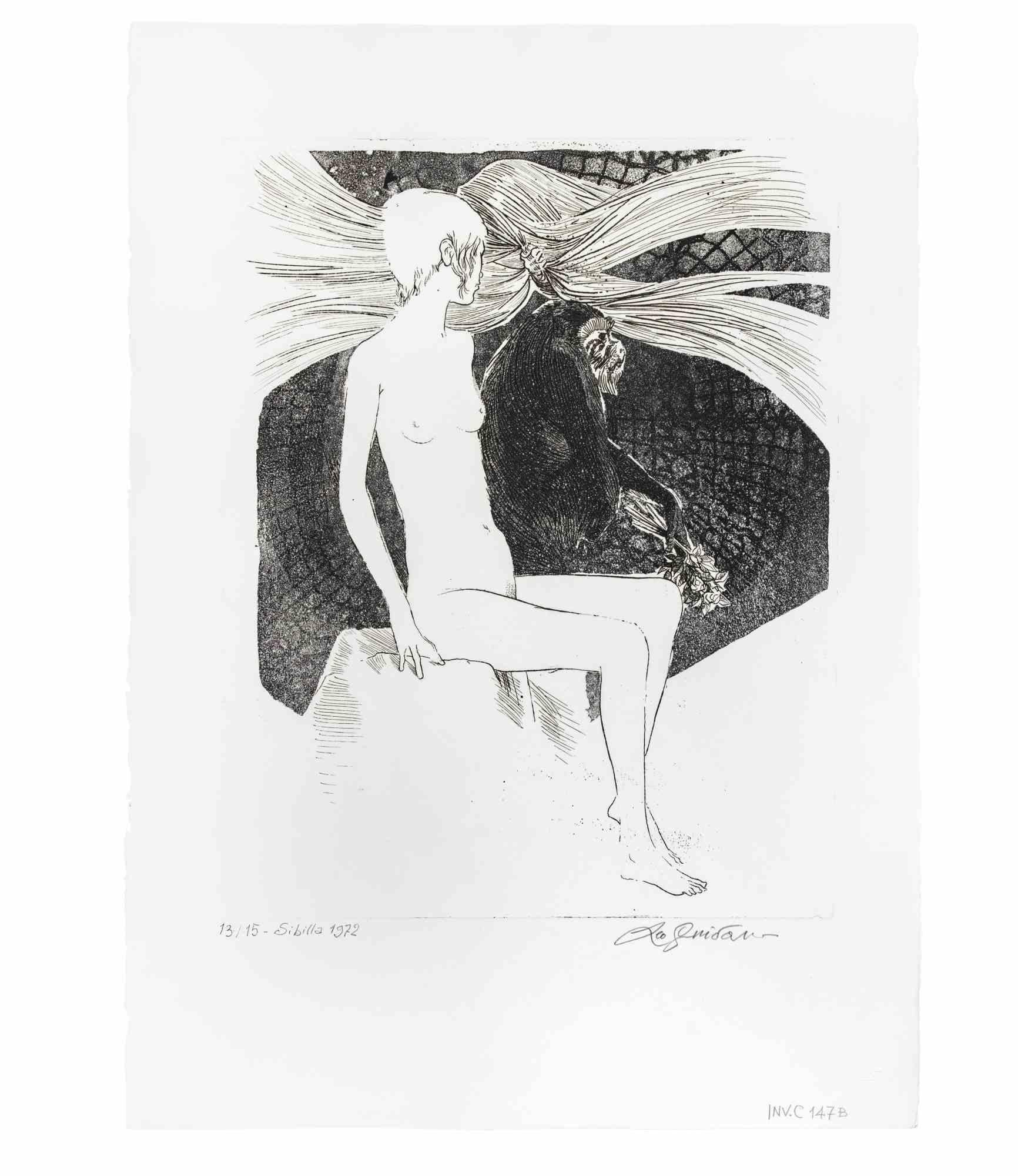 Sibilla Sibilla (Sibyl) is an artwork realized by the italian Contemporary artist  Leo Guida (1992 - 2017) in 1975s.

Original black and white etching on paper.

Hand Signed on the lower right margin.Titled, dated and numbered, ex. 13/15, on the