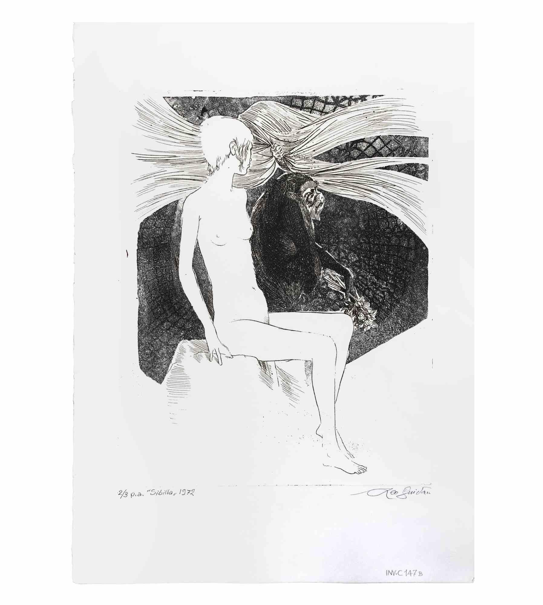 Sibilla Sibilla (Sibyl) is an artwork realized by the italian Contemporary artist  Leo Guida (1992 - 2017) in 1975s.

Original black and white etching on paper.

Hand Signed on the lower right margin.Titled, dated and numbered, ex. 2/3 p.a., on the