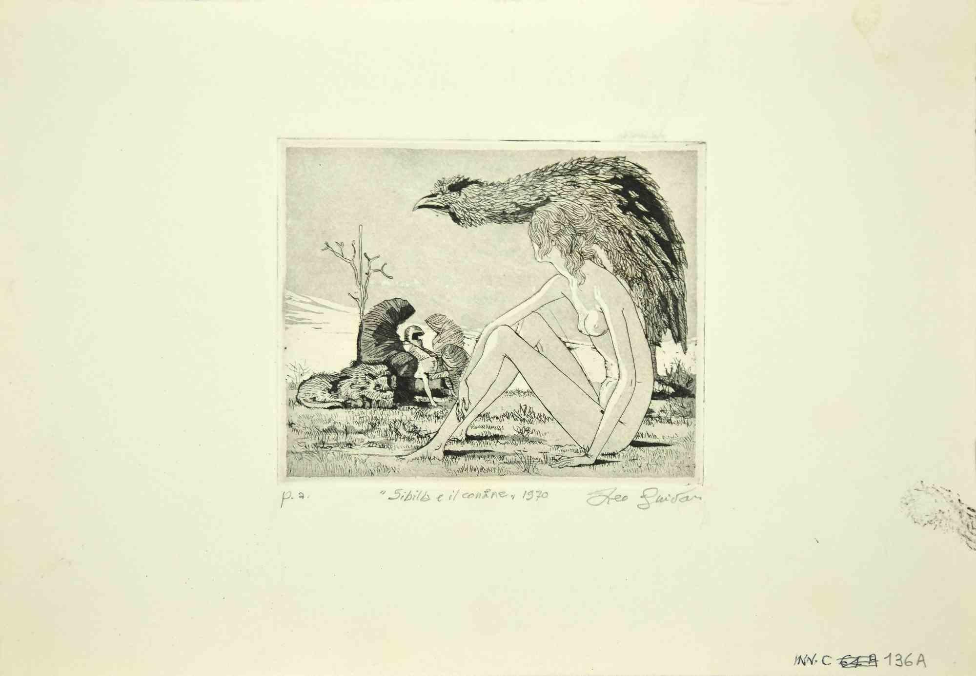 Sibyl and the Border is an original etching realized by Leo Guida in 1970.

Guter Zustand.

Mounted on a white cardboard passpartout (50x35).

Hand-signed and dateb by the artist.

Artist proof.

Leo Guida  (1992 - 2017). Sensitive to current