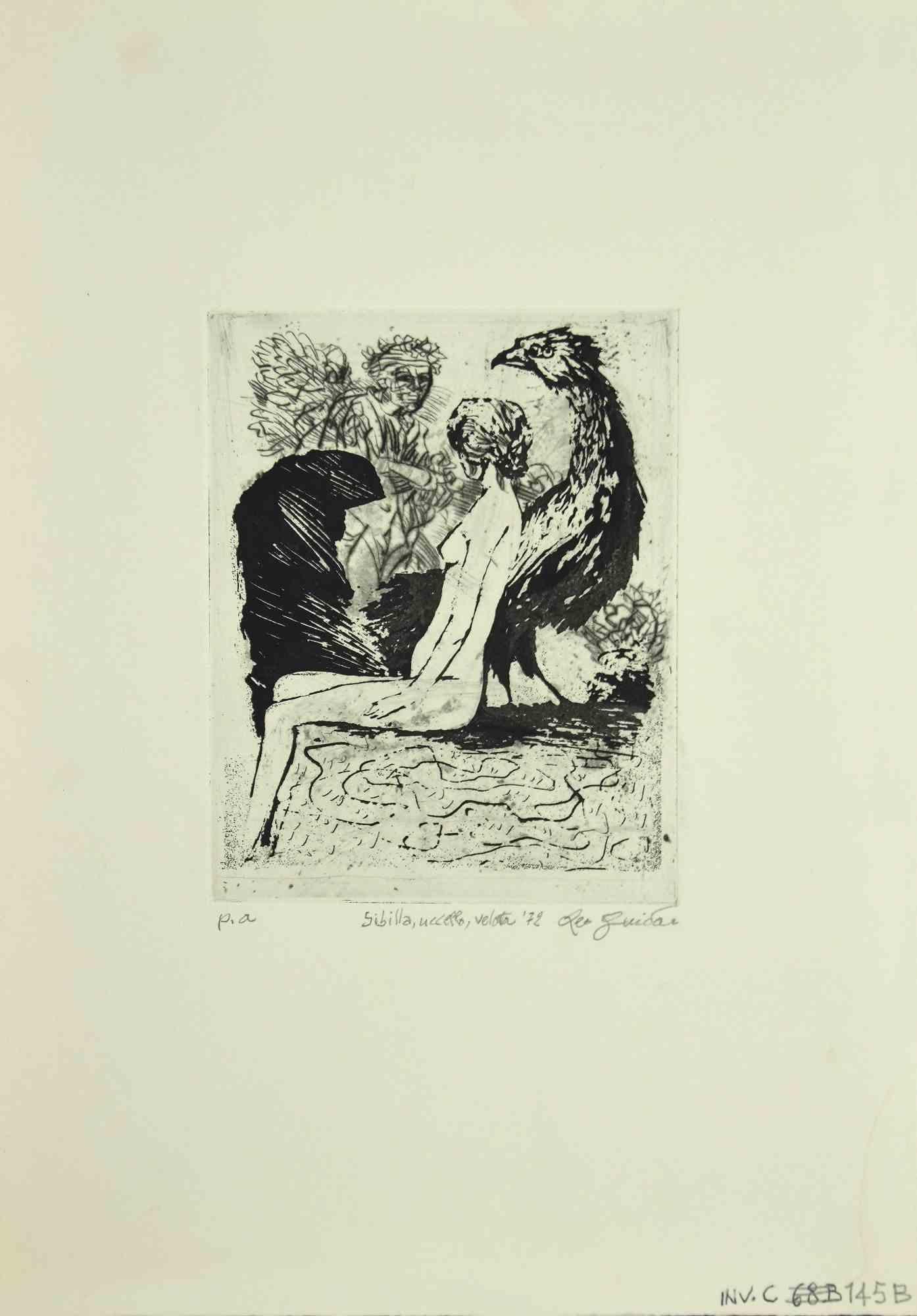 Sibyl, Vogel, geädert - Original-Radierung von Leo Guida - 1972
