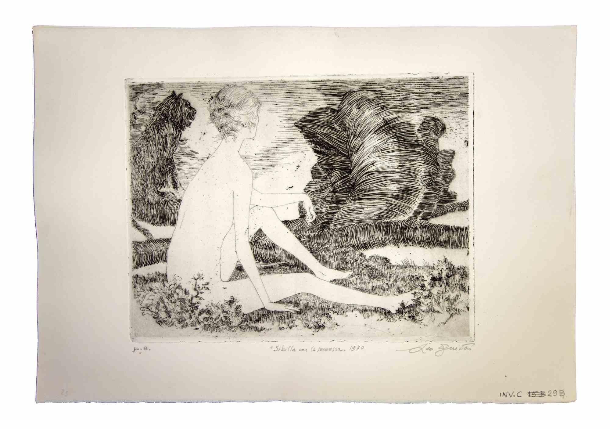 Sibyl with the Lioness is an original etching and aquatint realized by Leo Guida in 1970.

Good condition.

Mounted on a white cardboard passpartout (35x50).

Artist proof.

Dated and signed by the author.

Leo Guida  (1992 - 2017). Sensitive to