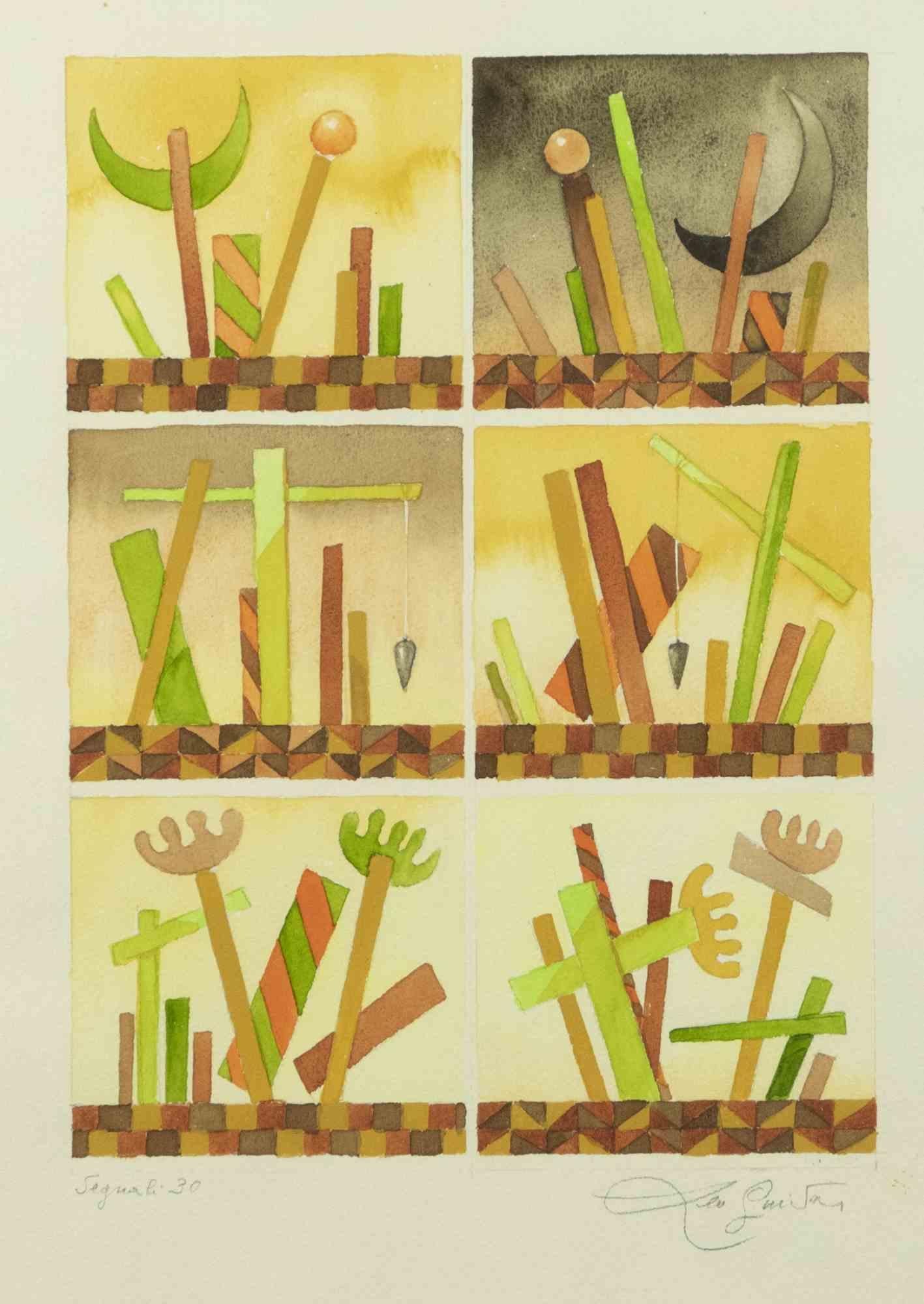 Signal 30 est une œuvre d'art contemporain réalisée par Leo Guida dans les années 1970.
Aquarelle de couleurs mélangées sur papier.

Signé à la main, titré dans la marge inférieure

Cadre inclus : 63,5 x 49 cm

Leo Guida  (1992 - 2017). Sensible aux