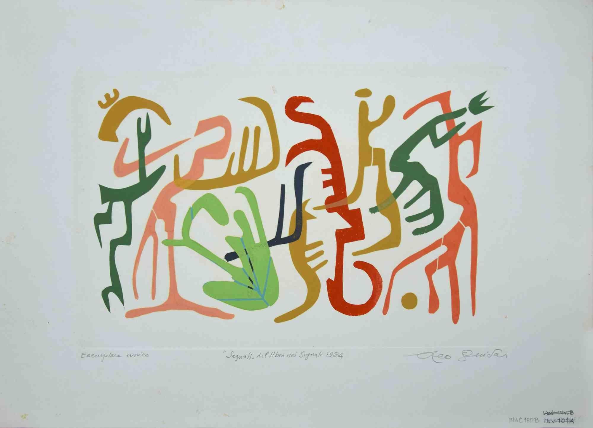 Signals is an original Contemporary artwork realized  in 1984  by the italian Contemporary artist  Leo Guida  (1992 - 2017).

Original colored etching on ivory-colored cardboard.
 
Hand-signed and dated on the lower margin. Cat. INV.C 180B

Titled