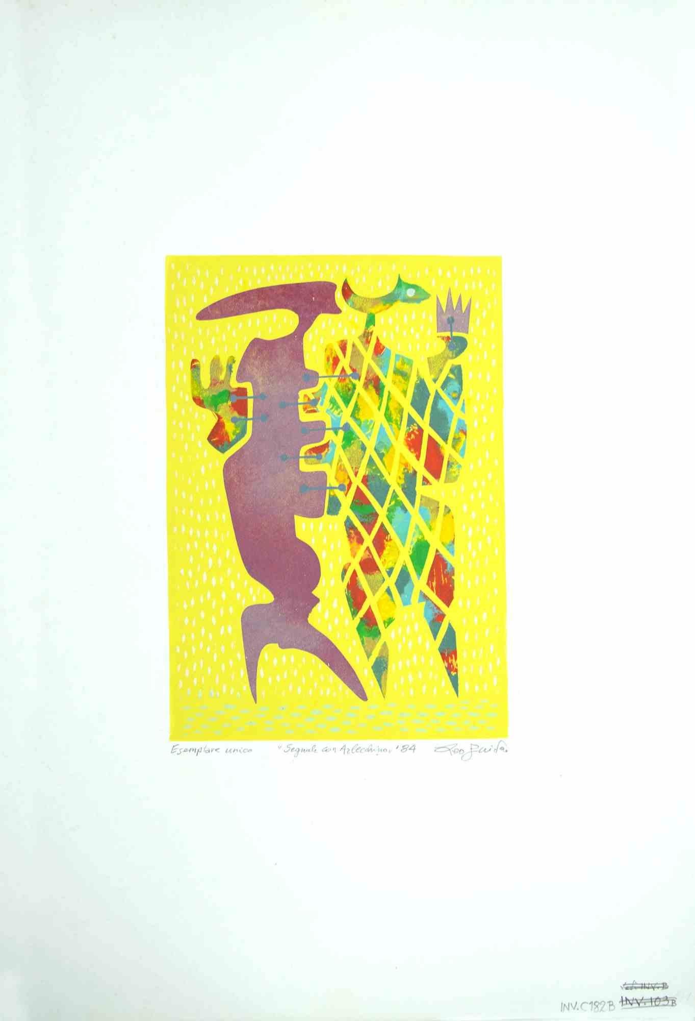 Signals with Harlequin is an original Contemporary artwork realized  in 1984  by the italian Contemporary artist  Leo Guida  (1992 - 2017).

Original colored etching on ivory-colored cardboard.
 
Hand-signed and dated on the lower margin. Cat. INV.C
