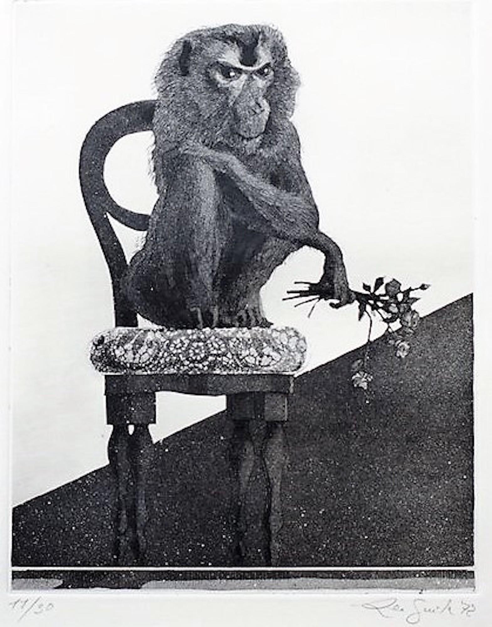 Sitting Monkey - Original Etching by Leo Guida - 1972