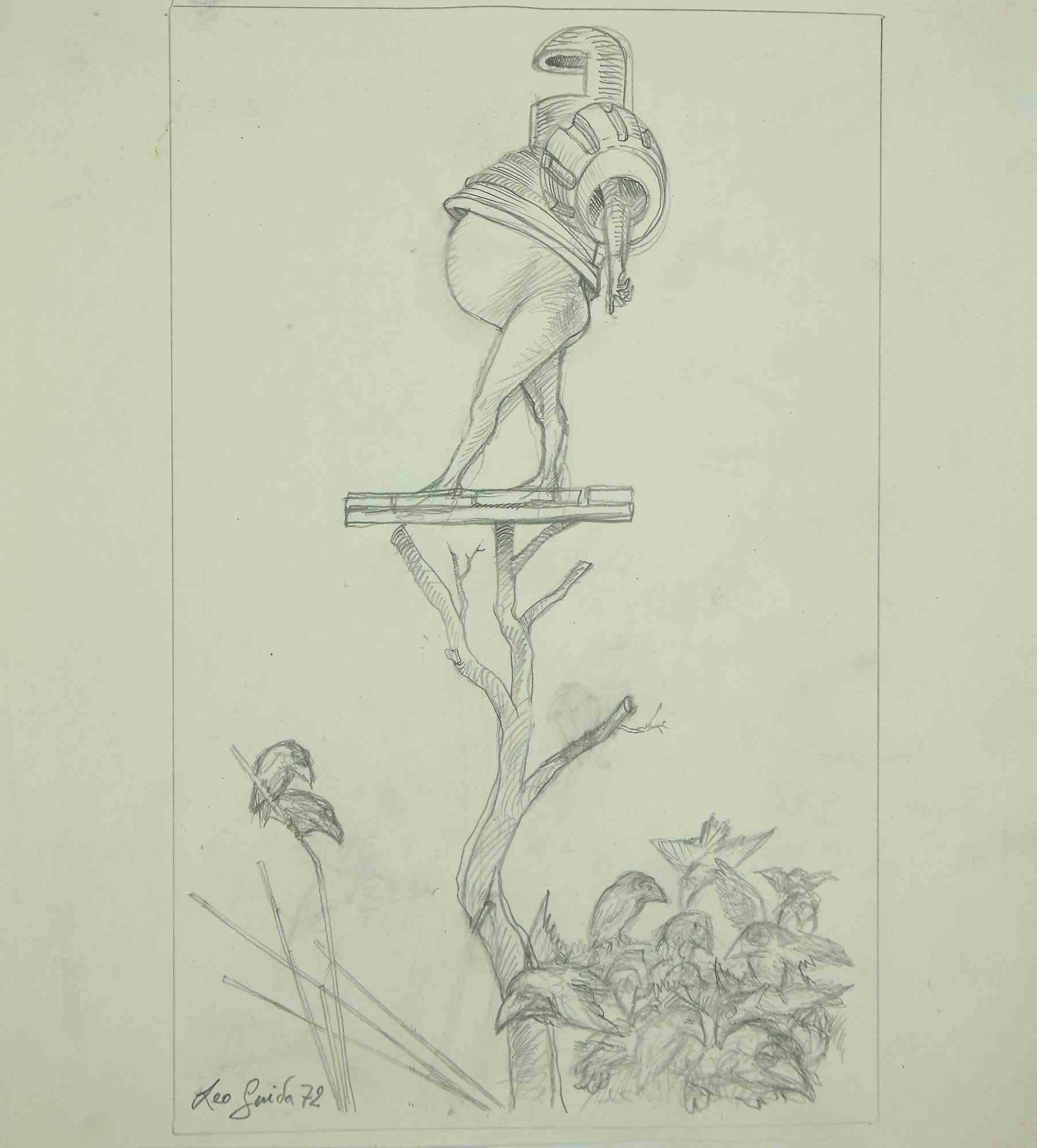 Skizze ist ein originales Kunstwerk  1972 von dem italienischen zeitgenössischen Künstler  Leo Guida  (1992 - 2017).

Original-Bleistiftzeichnung auf elfenbeinfarbenem Papier.

Am unteren Rand handsigniert und datiert. 

Dieses Kunstwerk stellt eine
