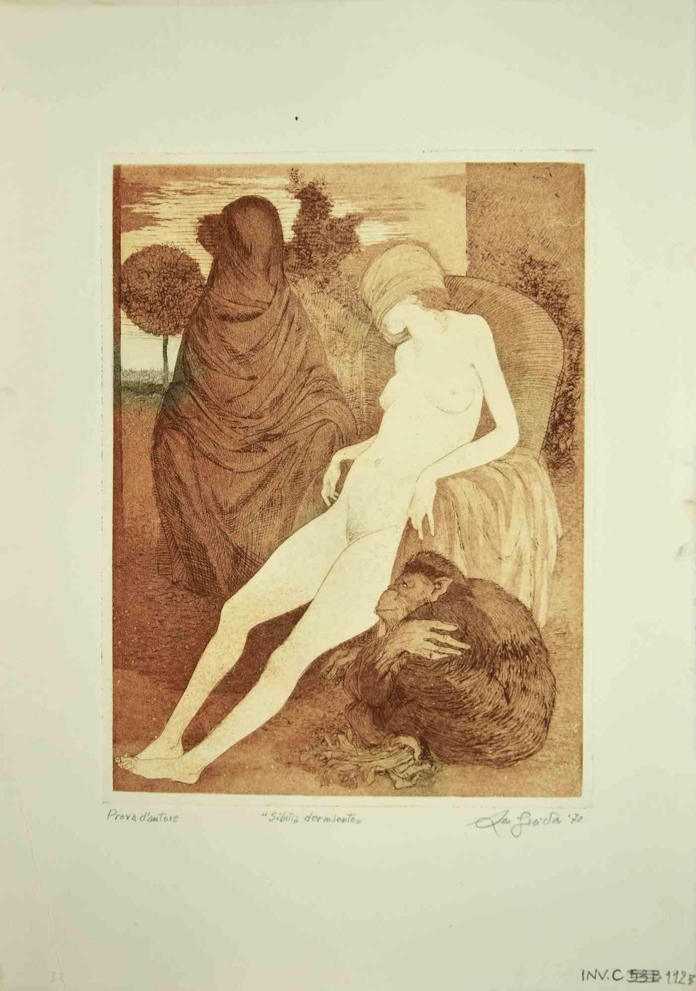Sleeping Sybil ist ein Original-Kunstwerk, das 1970 von dem italienischen zeitgenössischen Künstler  Leo Guida  (1992 - 2017).

Original-Radierung auf elfenbeinfarbenem Papier.

Rechts unten mit Bleistift handsigniert.

Probedruck des Künstlers,
