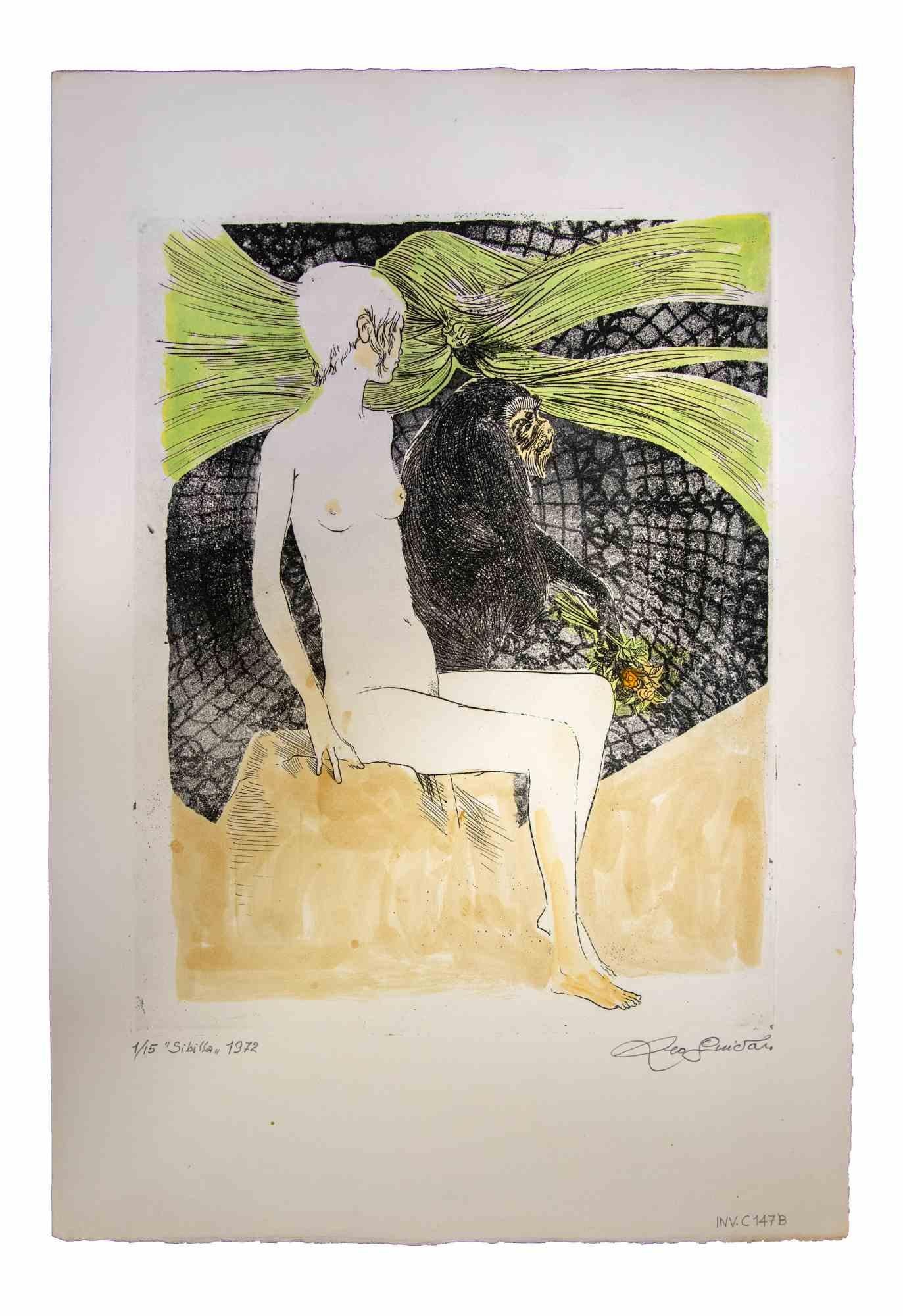 Sybil is an original etching and aquatint realized by Leo Guida in 1972.

Good condition.

Mounted on a white cardboard passpartout (50x34 cm).

Edition 1/5.

Hand-signed.

Leo Guida  (1992 - 2017). Sensitive to current issues, artistic movements