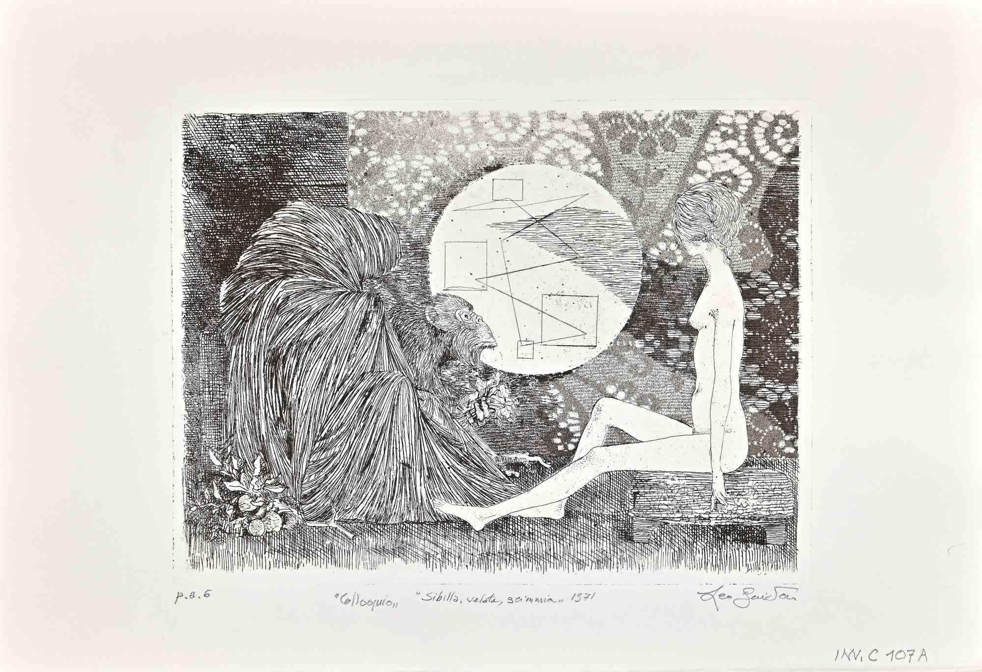 Sybil, verschleiert, Affe ist ein  Radierung von Leo Guida aus den 1971er Jahren.

Guter Zustand, proof artist.

Handsigniert, betitelt und datiert vom Künstler mit Bleistift am unteren Rand.

Als Künstler, der ein Gespür für aktuelle Themen,