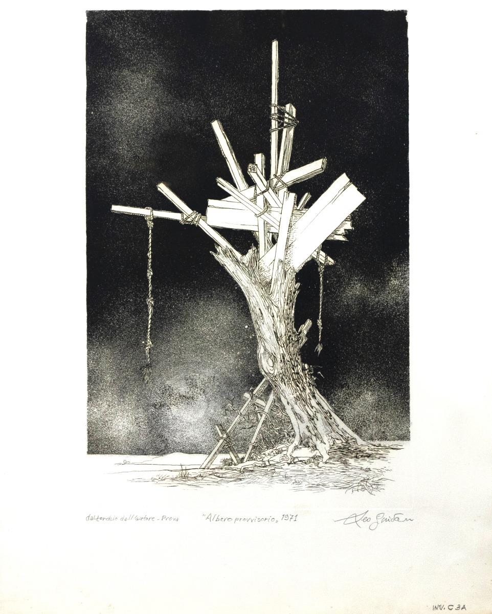 Temporary Tree (Original Title: Albero provvisorio) is an original Contemporary artwork realized in 1971 by the italian artist Leo Guida (1992 - 2017).

Original black and white etching.

Hand signed, titled and dated on the lower margin.

Artist's
