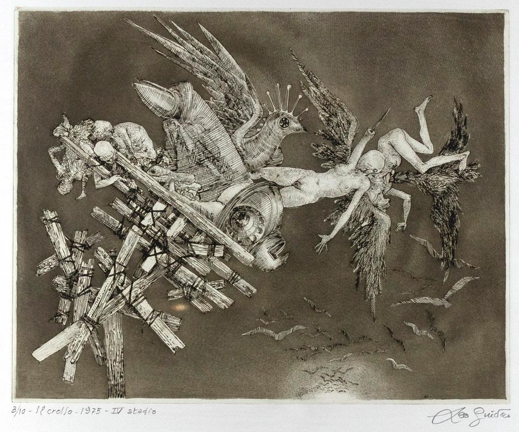 The Collapse (original title: Il Crollo) is an original Contemporary artwork realized in 1975 by the italian artist Leo Guida (1992 - 2017).

Original black and white etching.

Hand signed and dated on the lower margin.

Numbered on the lower left.