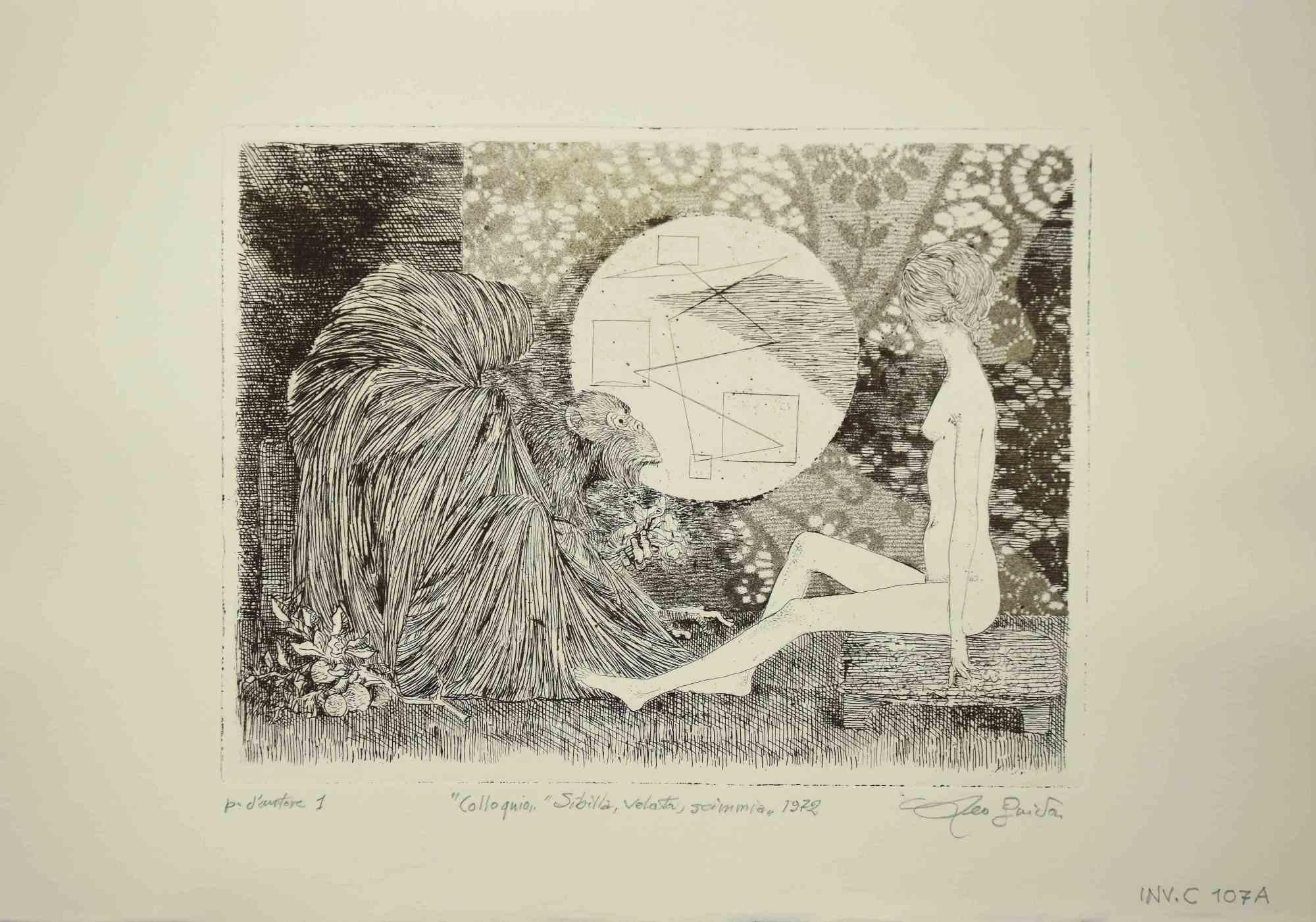 The Conversation is an original etching realized by Leo Guida in 1972.

Artist's proof.

Numbered, edition of 6.

Good condition.

Leo Guida  (1992 - 2017). Sensitive to current issues, artistic movements and historical techniques, Leo Guida has