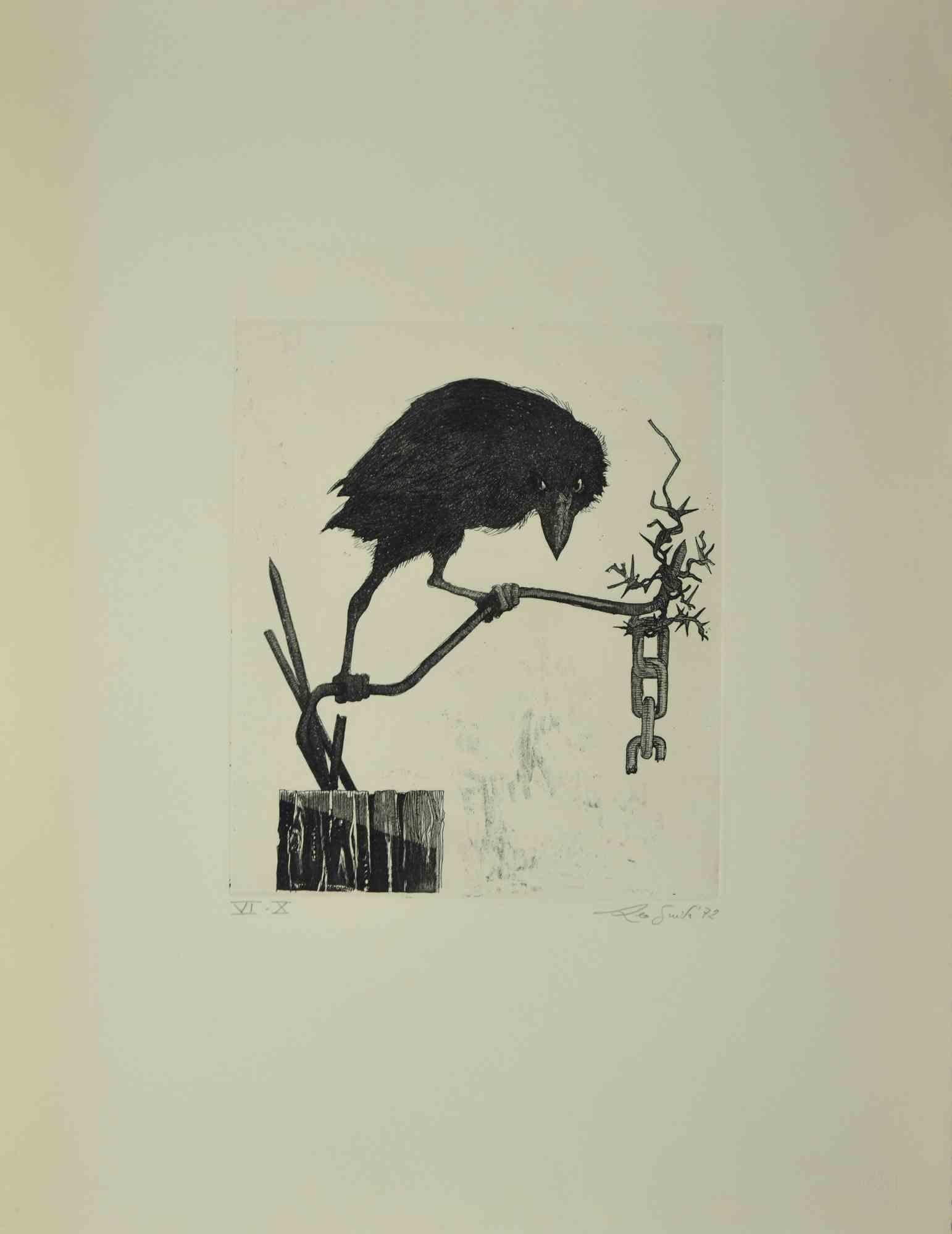 The Crow is an original etching print realized by Leo Guida in 1972.

Hand-signed on the lower right and dated in pencil. Numbered on the lower left, the edition of 10 prints.

Good condition.

Leo Guida  (1992 - 2017). Sensitive to current issues,