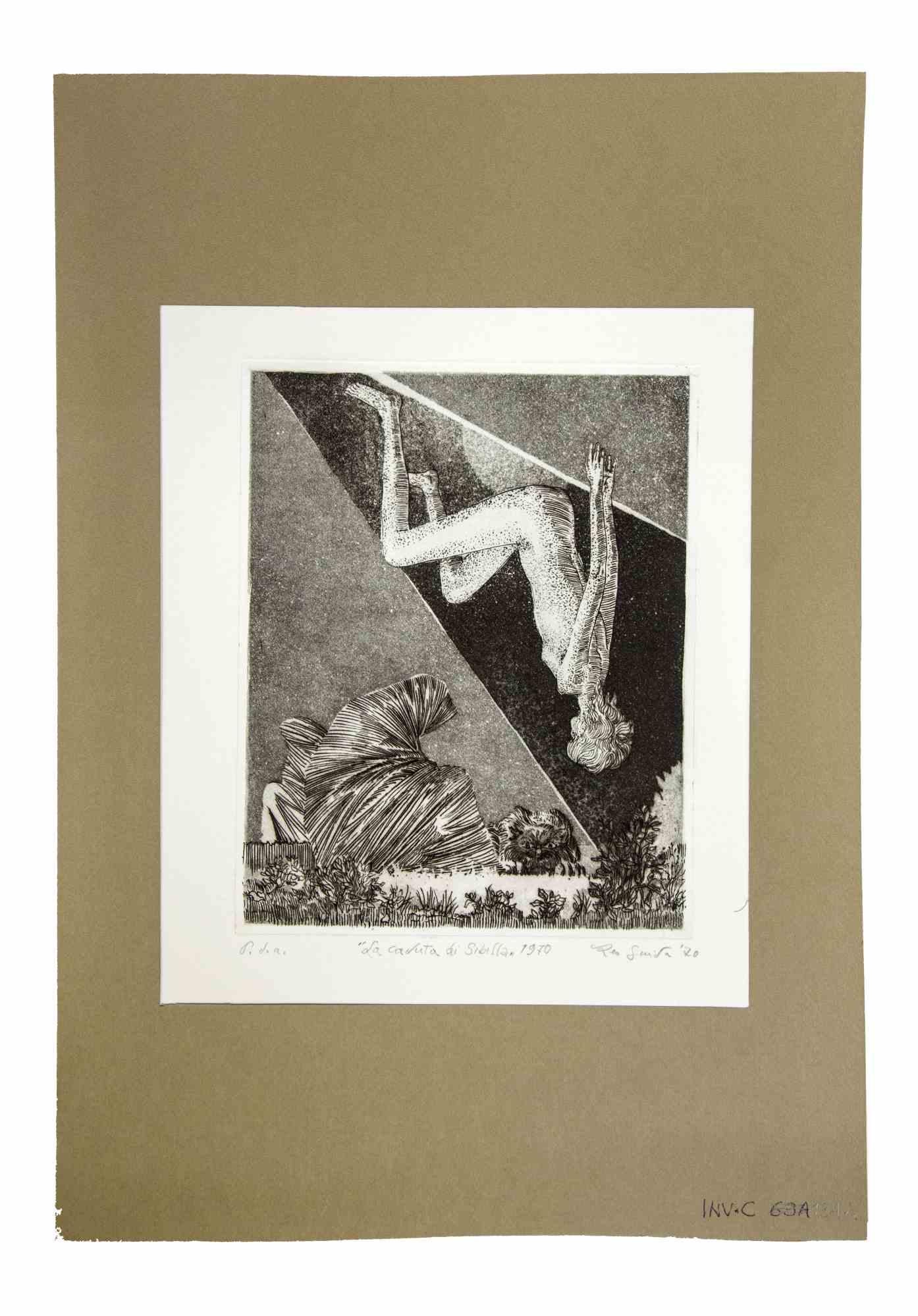 The Fall of Sibyl is an original etching and aquatint realized by Leo Guida in 1970.

Bon état.

Mounted on a white cardboard passpartout (50x35) 

Dated and signed by the author.

Leo Guida  (1992 - 2017). Sensitive to current issues, artistic