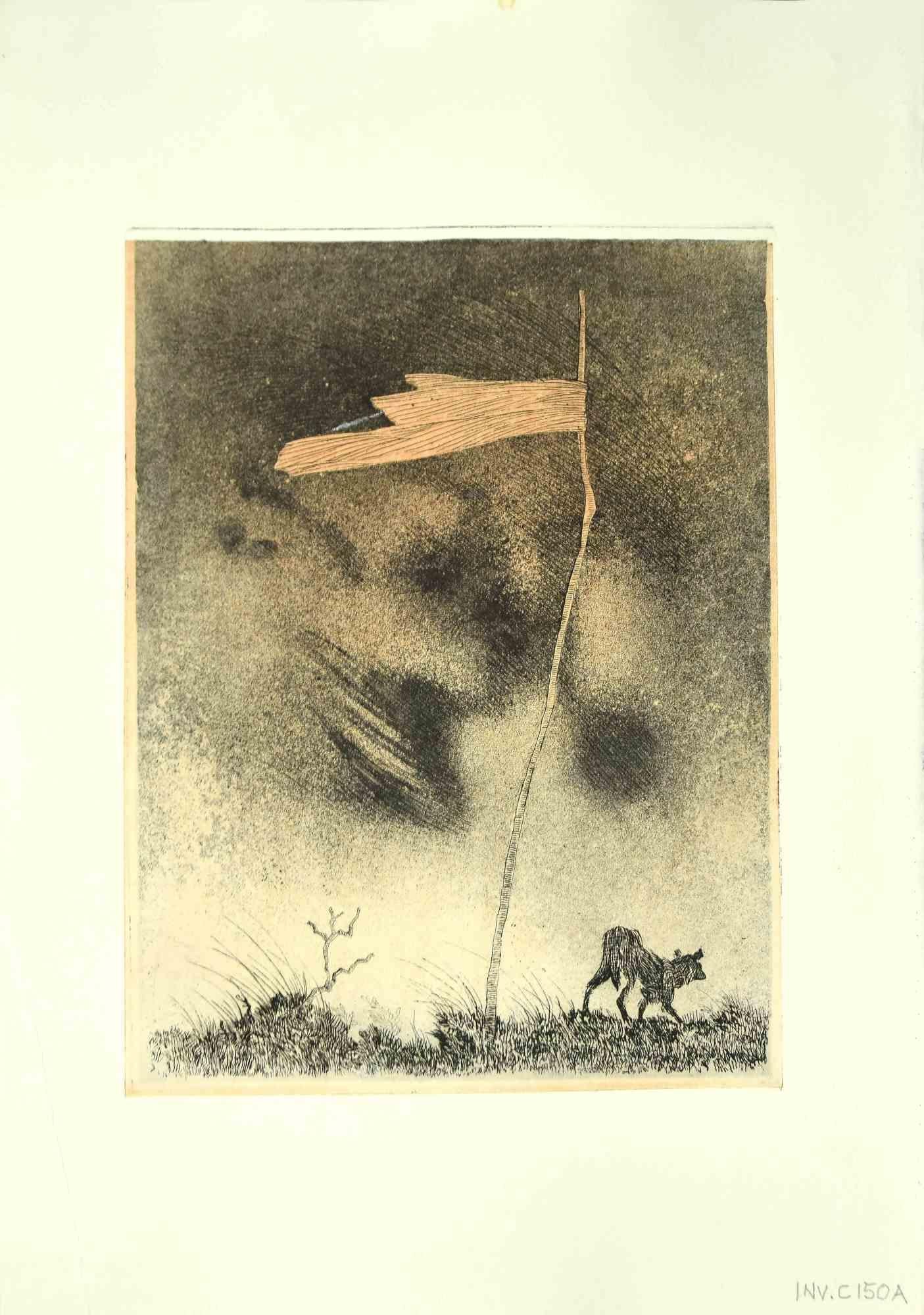 The Flag is an original etching realized by Leo Guida in the 1970s.

Good condition.

The artwork is depicted through strong strokes with perfect hatchings.

Not signed and not dated.