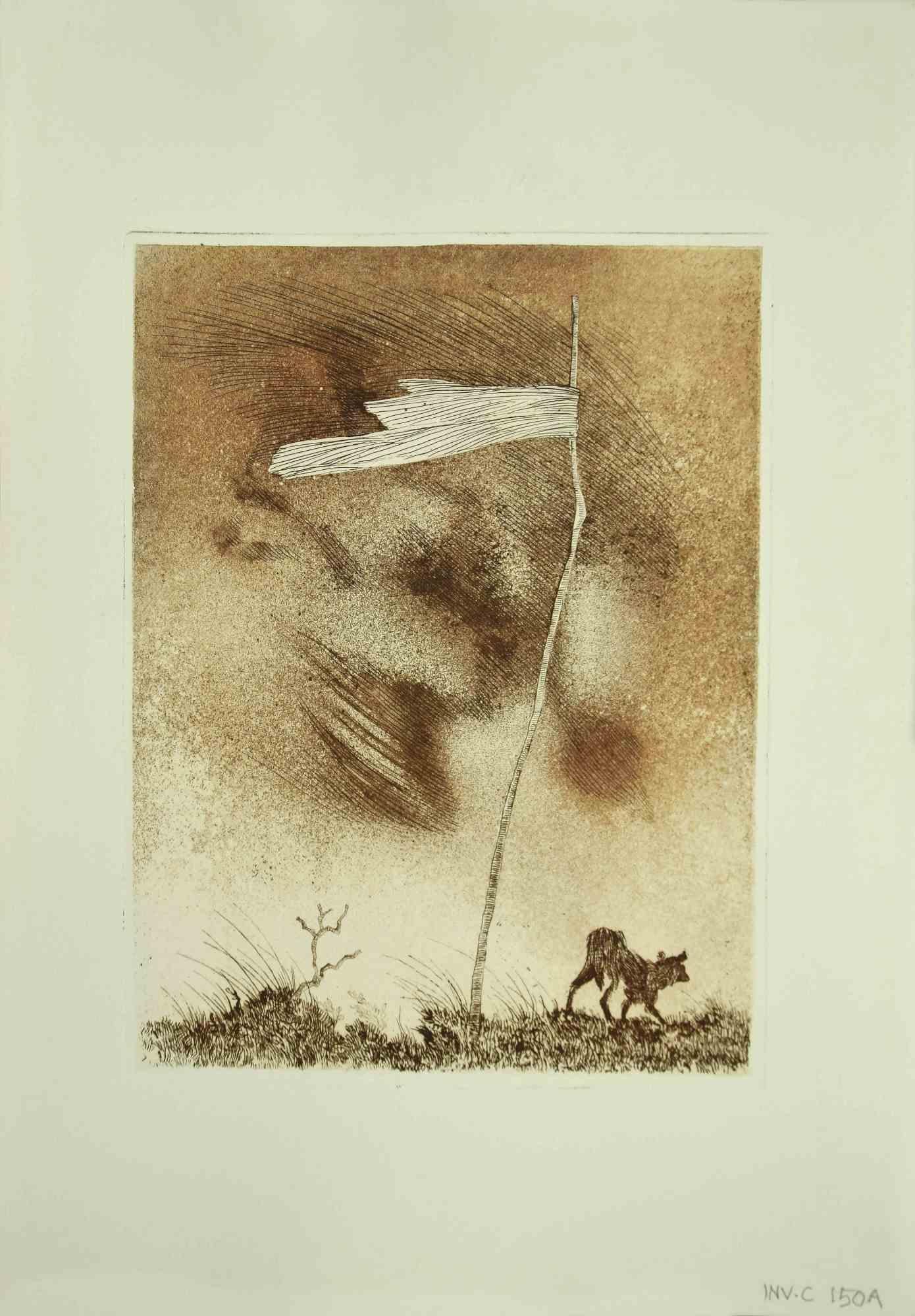 The Flag is an original etching realized by Leo Guida in the 1970s.

Good condition.

The artwork is depicted through strong strokes with perfect hatchings.

Not signed and not dated.