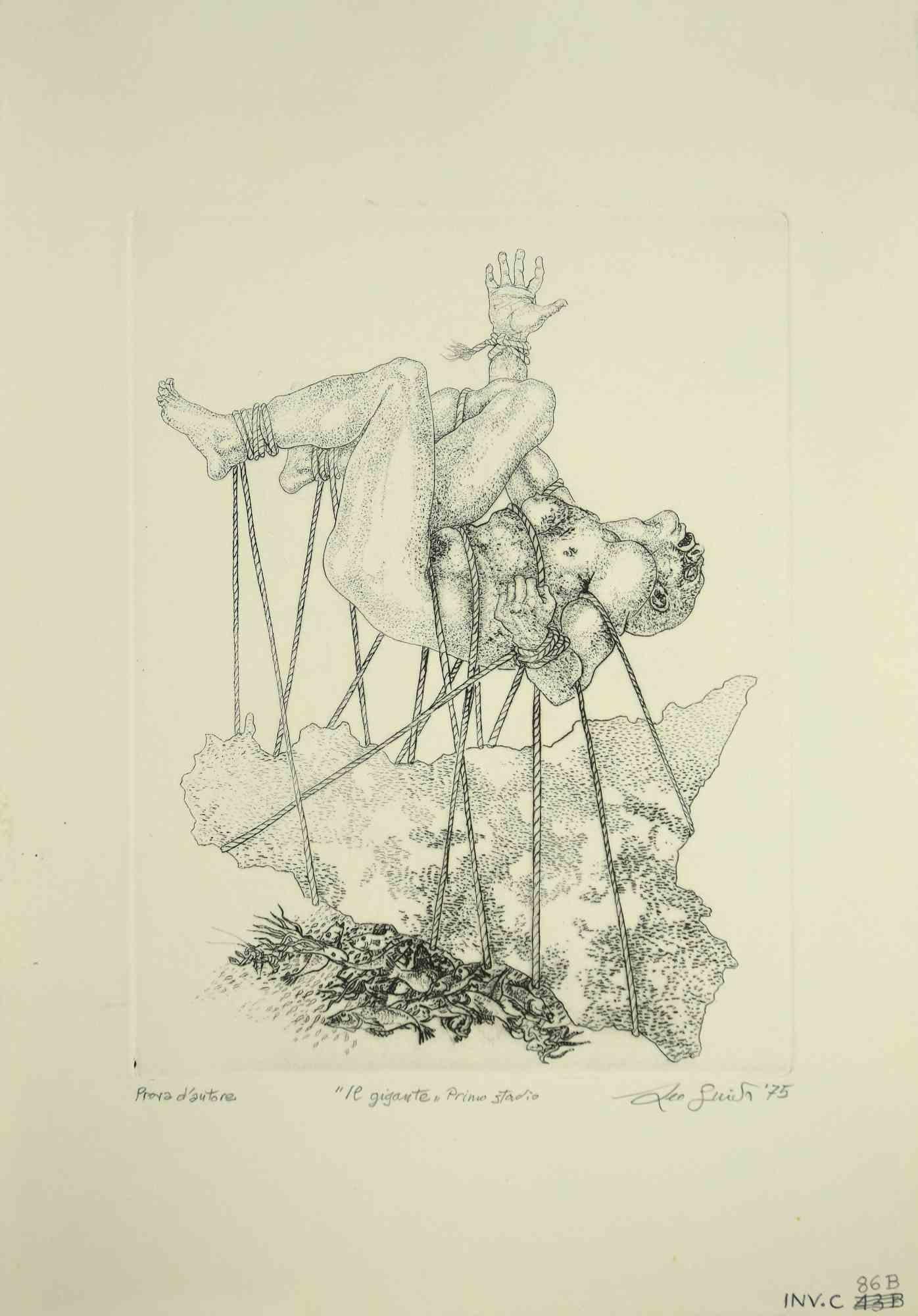 The Giant is an original artwork realized in 1975 by the Italian Contemporary artist  Leo Guida  (1992 - 2017).

Original etching on ivory-colored paper.

Hand-signed on the lower right in pencil.

Artist's proof, titled on the lower center and