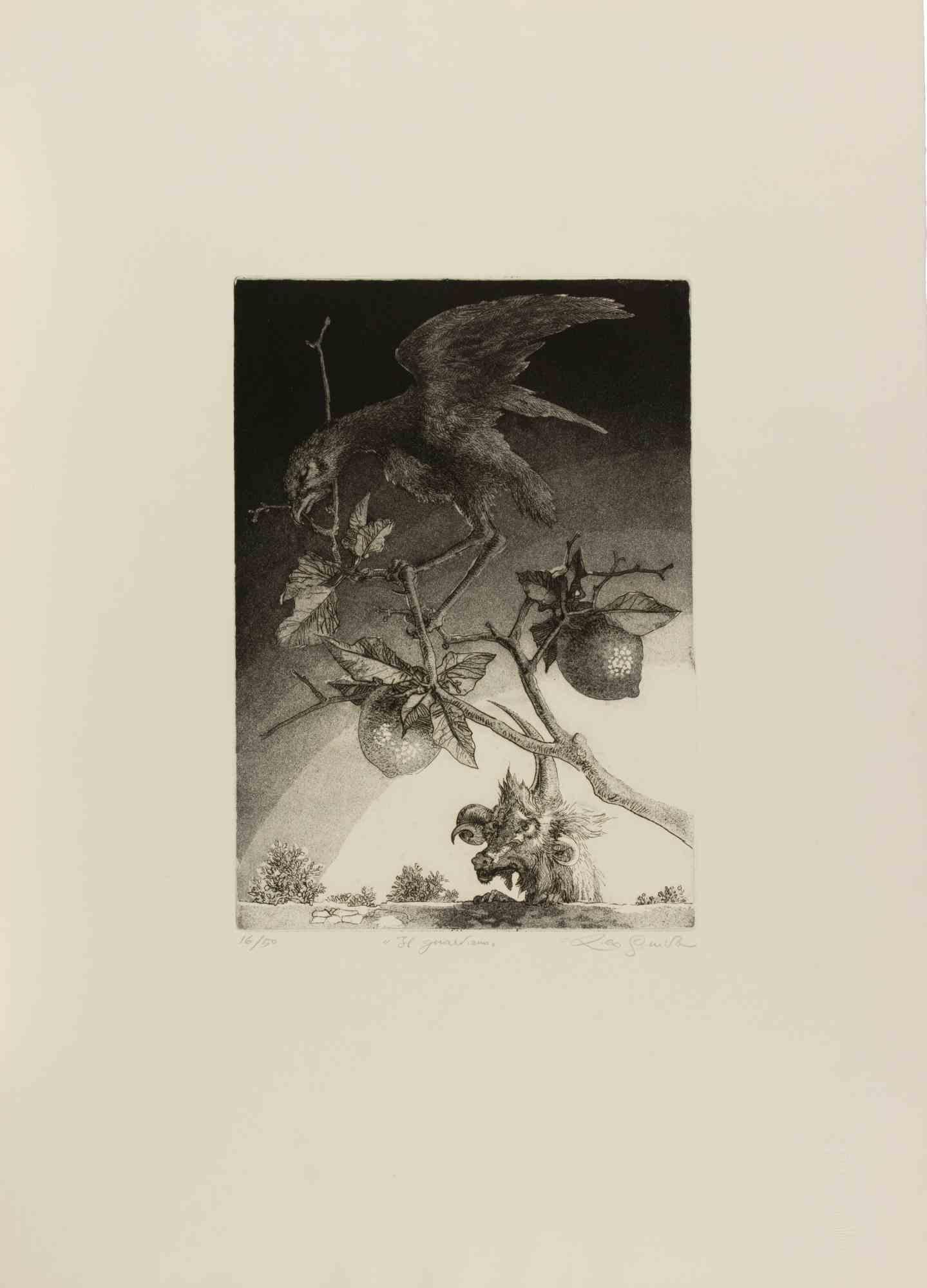 Guardian is an artwork realized by the Contemporary Italian artist  Leo Guida (1992 - 2017) in 1972.

Original black and white etching on paper.

Hand Signed on the lower right margin, titled, Numbered, edition of 50  prints on the lower left
