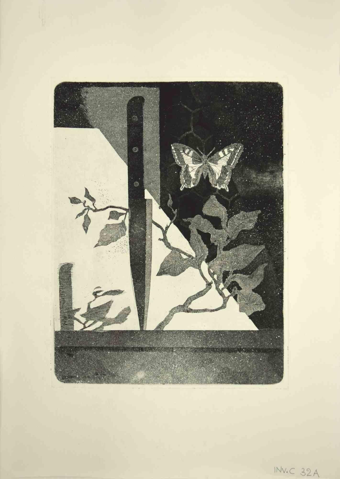 The Knife and Butterfly is an original etching print realized by Leo Guida in the 1970s.

Good condition.

Leo Guida  (1992 - 2017). Sensitive to current issues, artistic movements and historical techniques, Leo Guida has been able to weave with