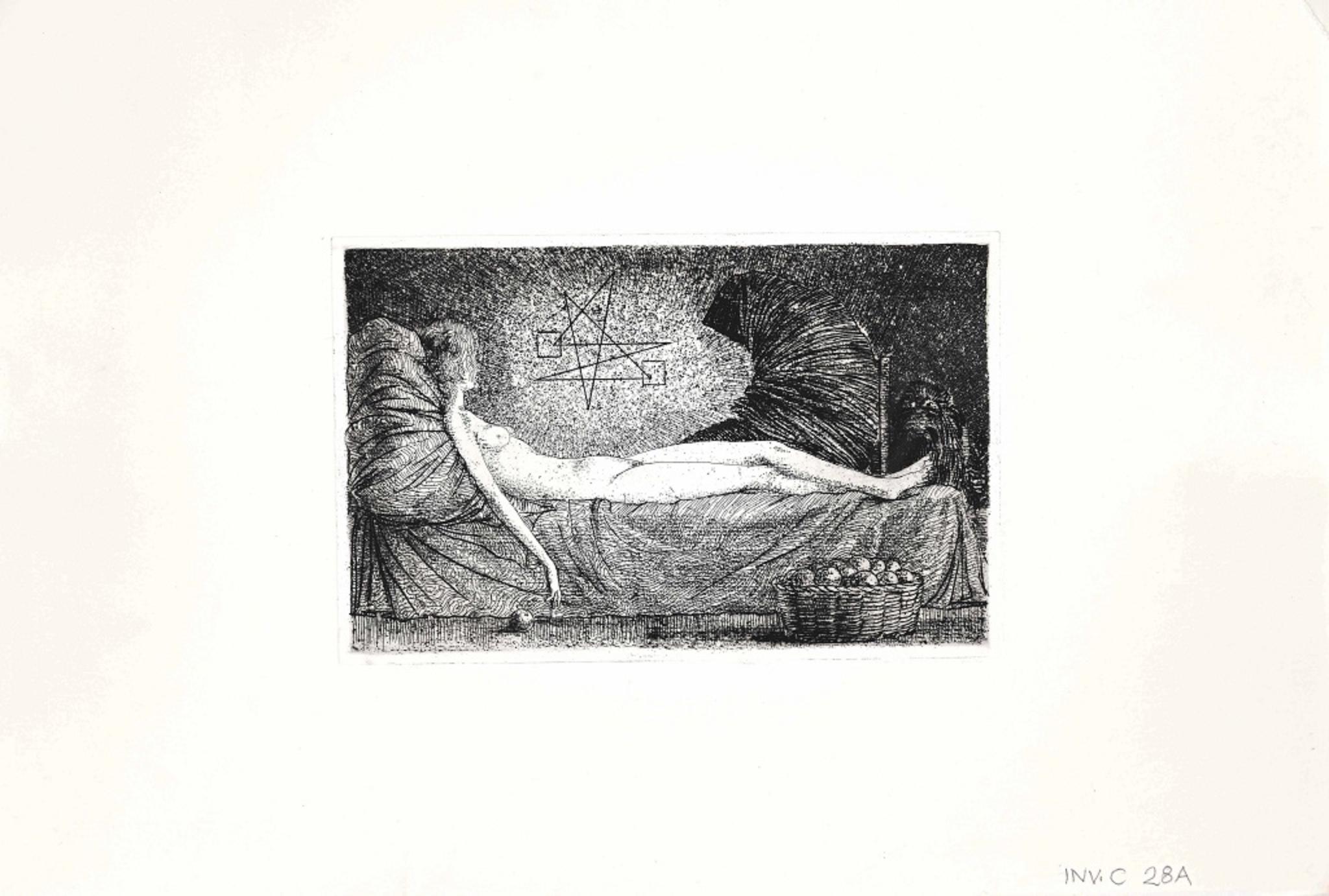 La Sibylle couchée est une œuvre d'art contemporaine originale réalisée dans les années 1970 par l'artiste italien Leo Guida.

Lithographie originale en noir et blanc sur papier.   Dimensions de l'image : 16 x 0,1 x 25  cm.

Excellentes conditions.