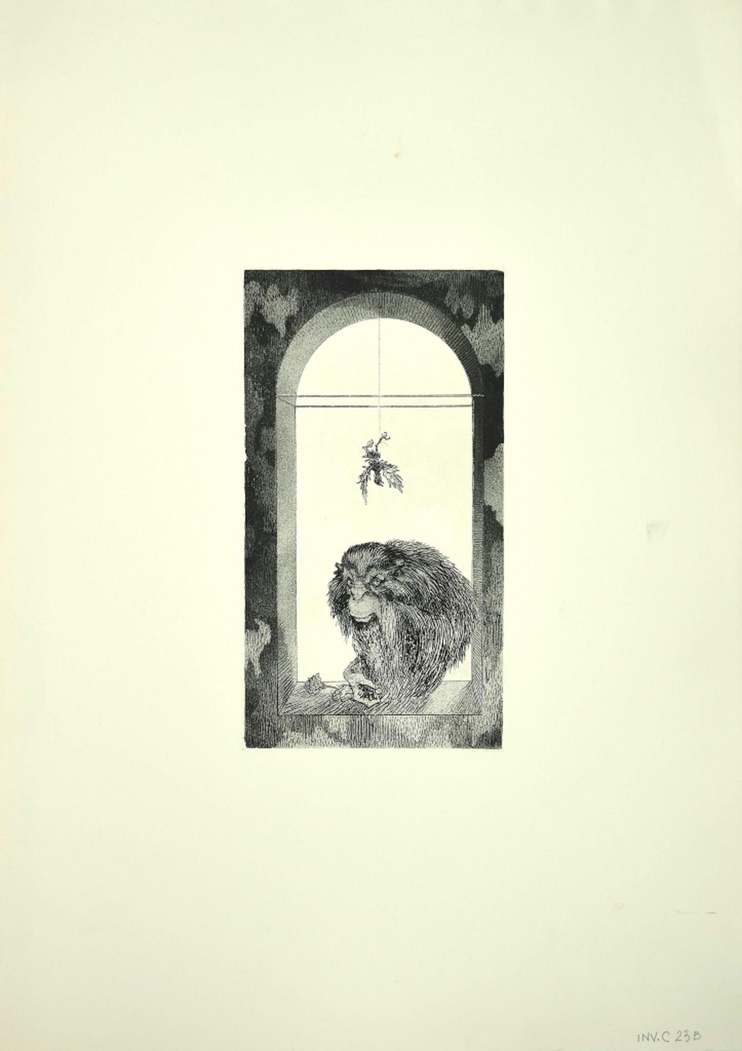 Der Affe ist ein zeitgenössisches Kunstwerk, das der italienische Künstler Leo Guida in den 1970er Jahren geschaffen hat.

Original-Radierung auf Karton.

Neuwertiger Zustand.   Abmessungen des Bildes: 32 x 0,1 x 17 cm.

Leo Guida. Mit seinem Gespür