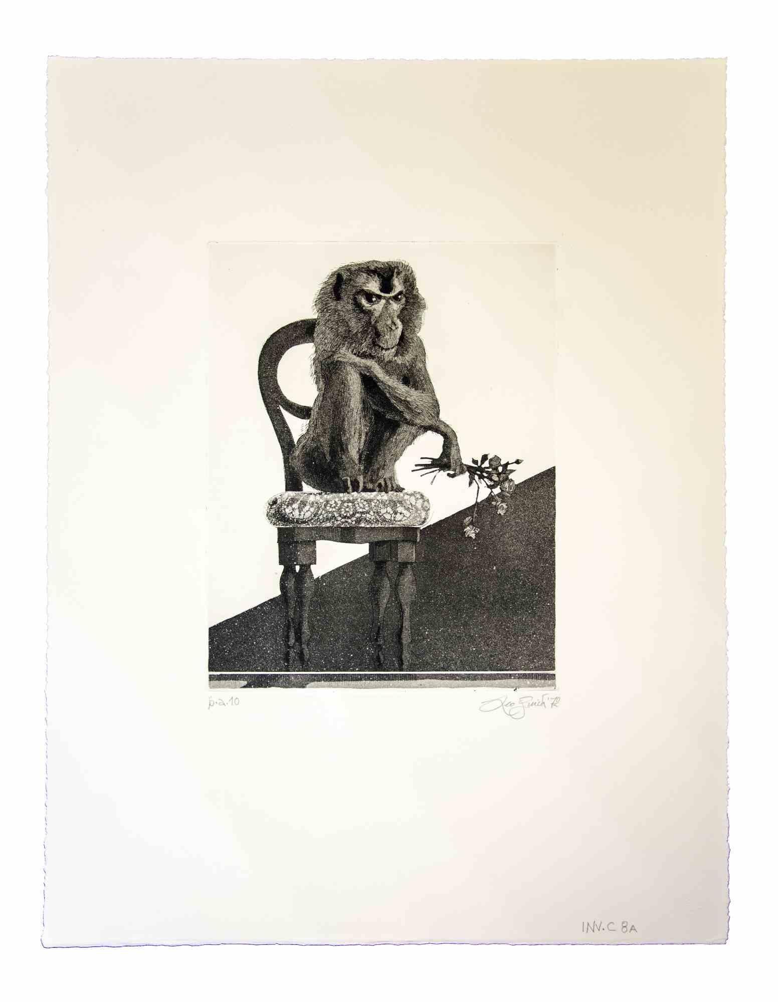 Der Affe ist ein originales zeitgenössisches Kunstwerk aus dem Jahr 1972  des italienischen Künstlers  Leo Guida .

Original-Radierung auf Karton.

Neuwertiger Zustand. 

Künstlerischer Nachweis.

Vom Autor handsigniert und datiert.

Leo Guida. Mit