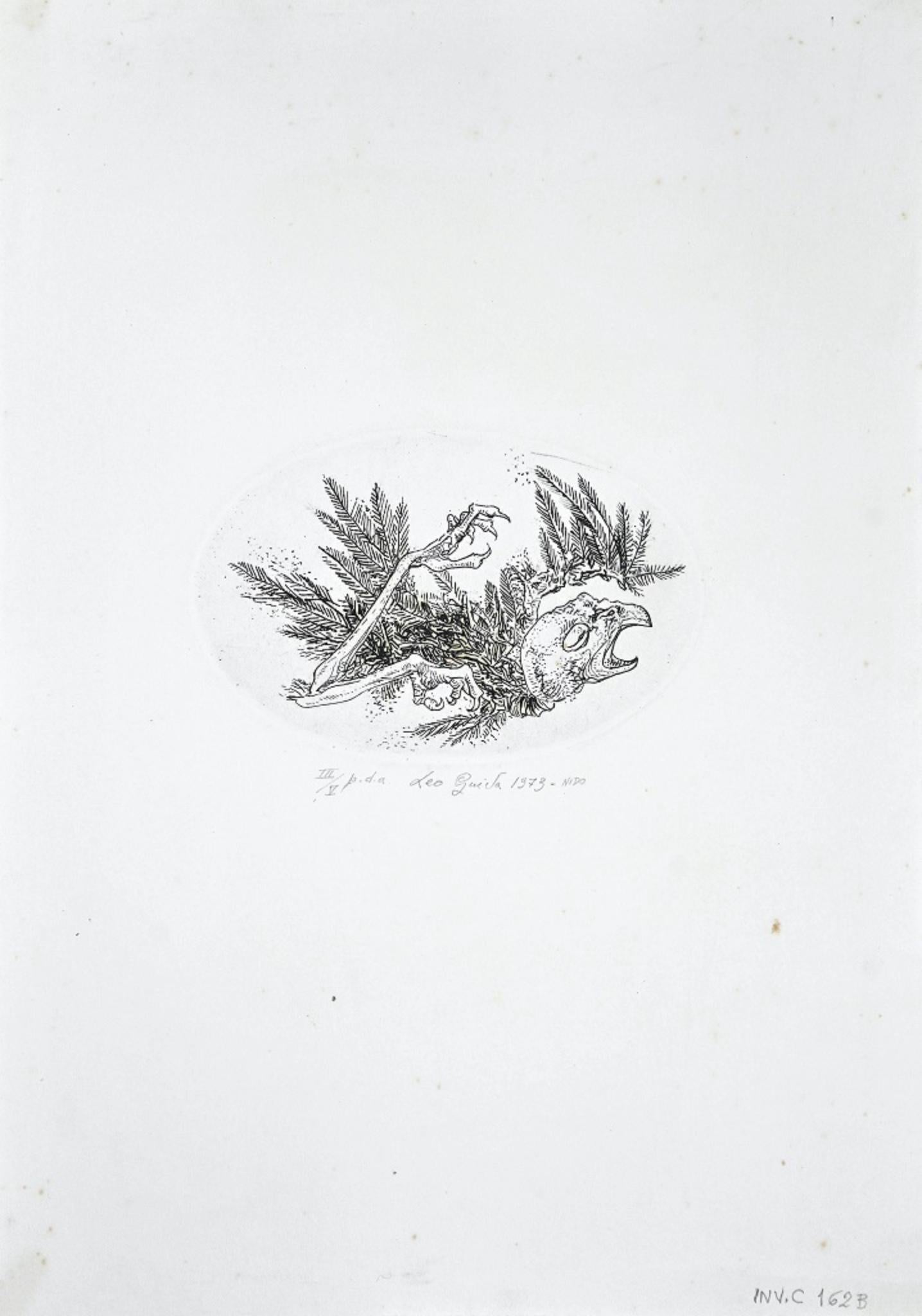 The Nest is an original Contemporary artwork realized in 1973 by the italian artist Leo Guida.

Original B/W Etching on paper.   Image Dimensions: 13 x 0.1 x 19.5 cm.

Numbered, hand-signed, Dated and Titled in pencil on the lower right margin by