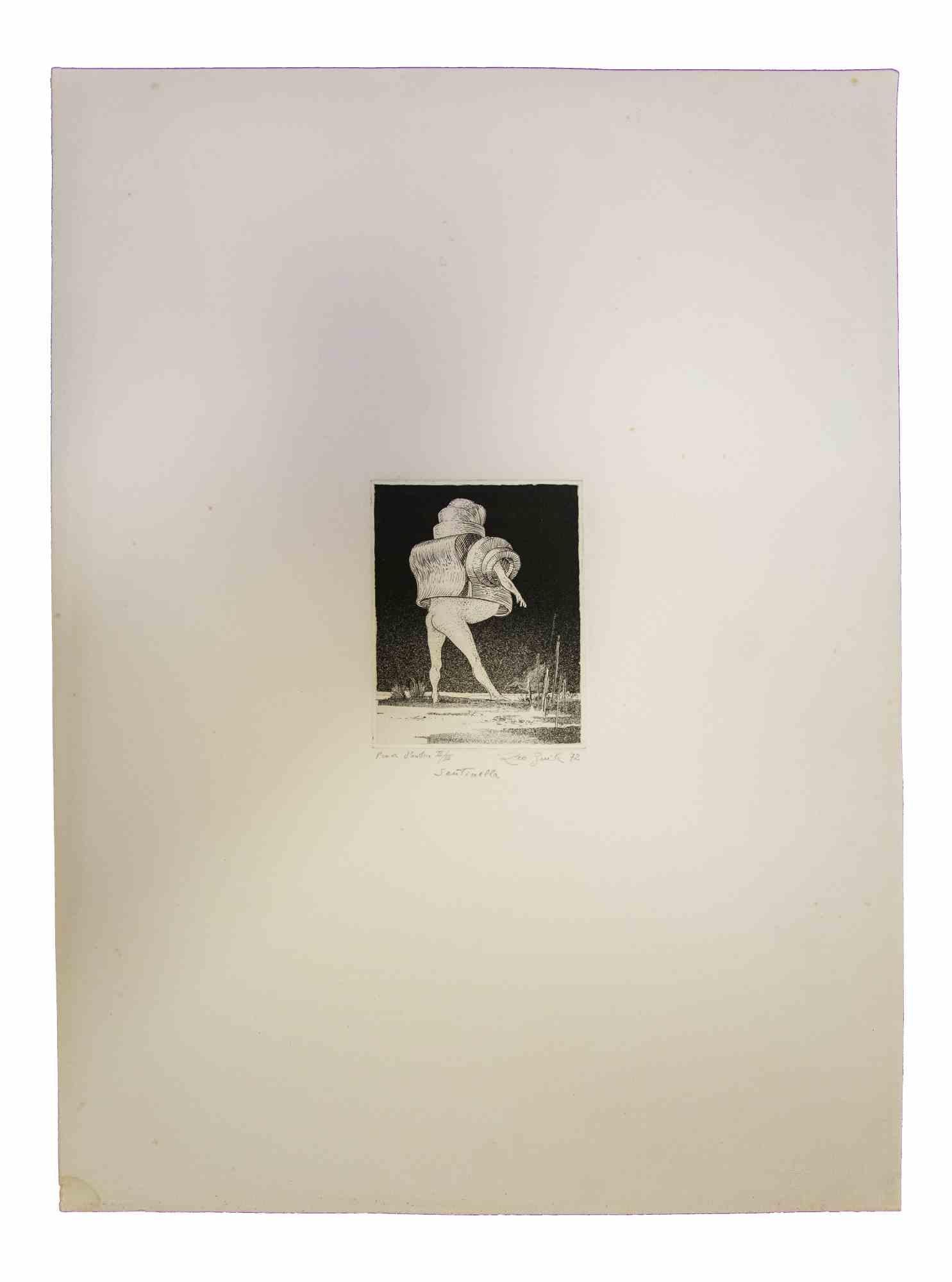 The Sentinel is an original etching realized by Leo Guida in 1970s.

Good condition.

Mounted on a white cardboard passpartout (50x35 cm).

Hand-signed.

Leo Guida  (1992 - 2017). Sensitive to current issues, artistic movements and historical