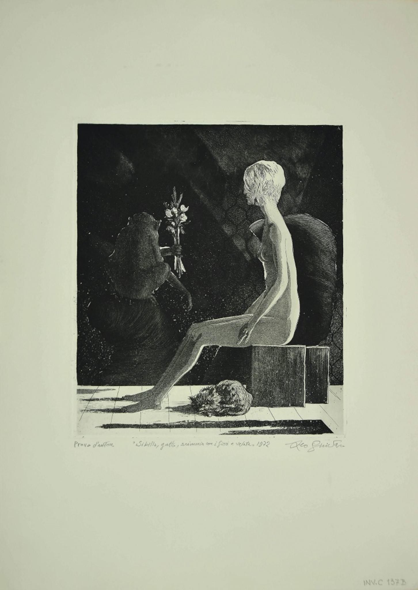 La Sibila es una obra de arte contemporánea original realizada en 1972 por el artista italiano Leo Guida.

Grabado original sobre papel. 

Fechado, firmado a mano y titulado a lápiz en el margen inferior por el artista: Prova d'autore "Sibilla,