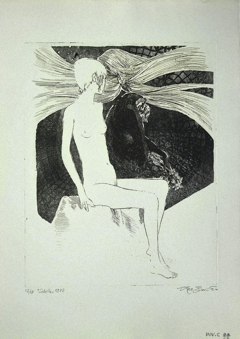 The Sibyl is an original Contemporary artwork realized in the 1972 by the Italian artist Leo Guida.

Original Etching on paper. 

Numbered, titled and dated on the lower margin in pencil: 12/15 "Sibilla" 1972; hand-signed on the lower right corner: