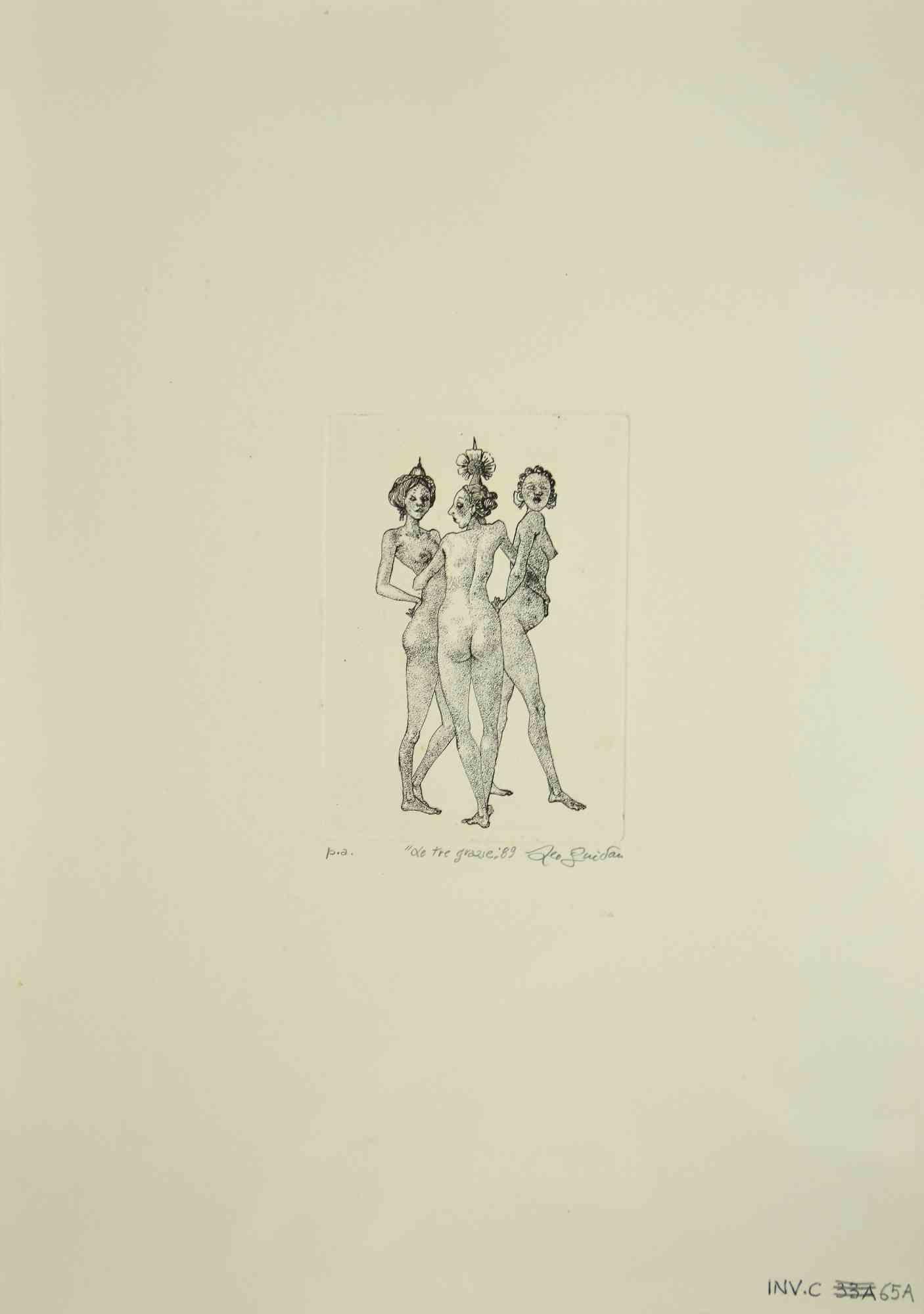 The Three Graces is an original etching and aquatint realized by Leo Guida in 1989.

Guter Zustand.

Mounted on a white cardboard passpartout (50x35).

Dated and signed by the author.

Artist proof.

Leo Guida  (1992 - 2017). Sensitive to current
