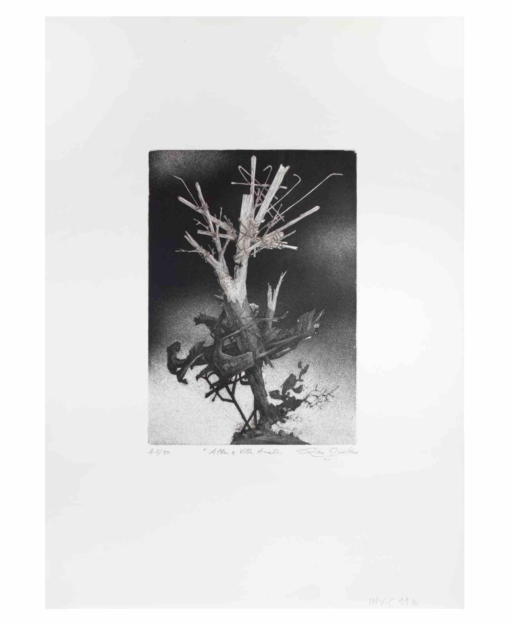 The Tree at Villa is an artwork realized by the Contemporary Italian artist  Leo Guida (1992 - 2017) in the 1970s.

Original black and white etching on paper.

Hand Signed on the lower right margin, numbered edition of 50 prints, on the lower left