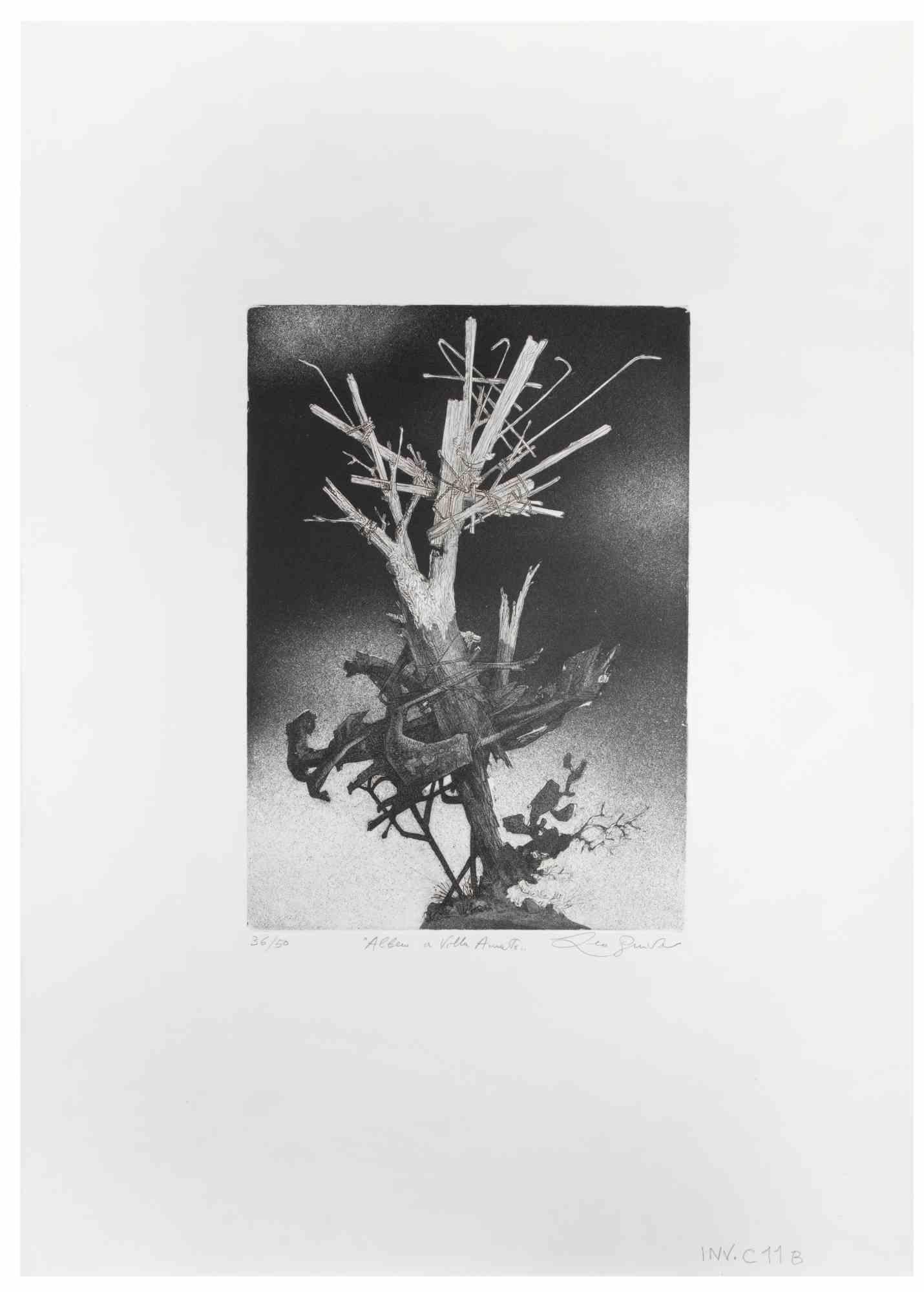 Der Baum in der Villa ist ein Kunstwerk des zeitgenössischen italienischen Künstlers  Leo Guida (1992 - 2017) in den 1970er Jahren.

Schwarz-Weiß-Radierung auf Papier.

Handsigniert am unteren rechten Rand, nummerierte Auflage von 50 Exemplaren am