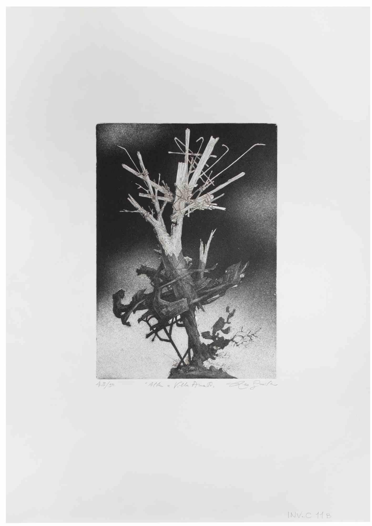 Der Baum in der Villa ist ein Kunstwerk des zeitgenössischen italienischen Künstlers  Leo Guida (1992 - 2017) in den 1970er Jahren.

Original-Radierung in Schwarz-Weiß auf Papier.

Handsigniert am unteren rechten Rand, nummerierte Auflage von 50