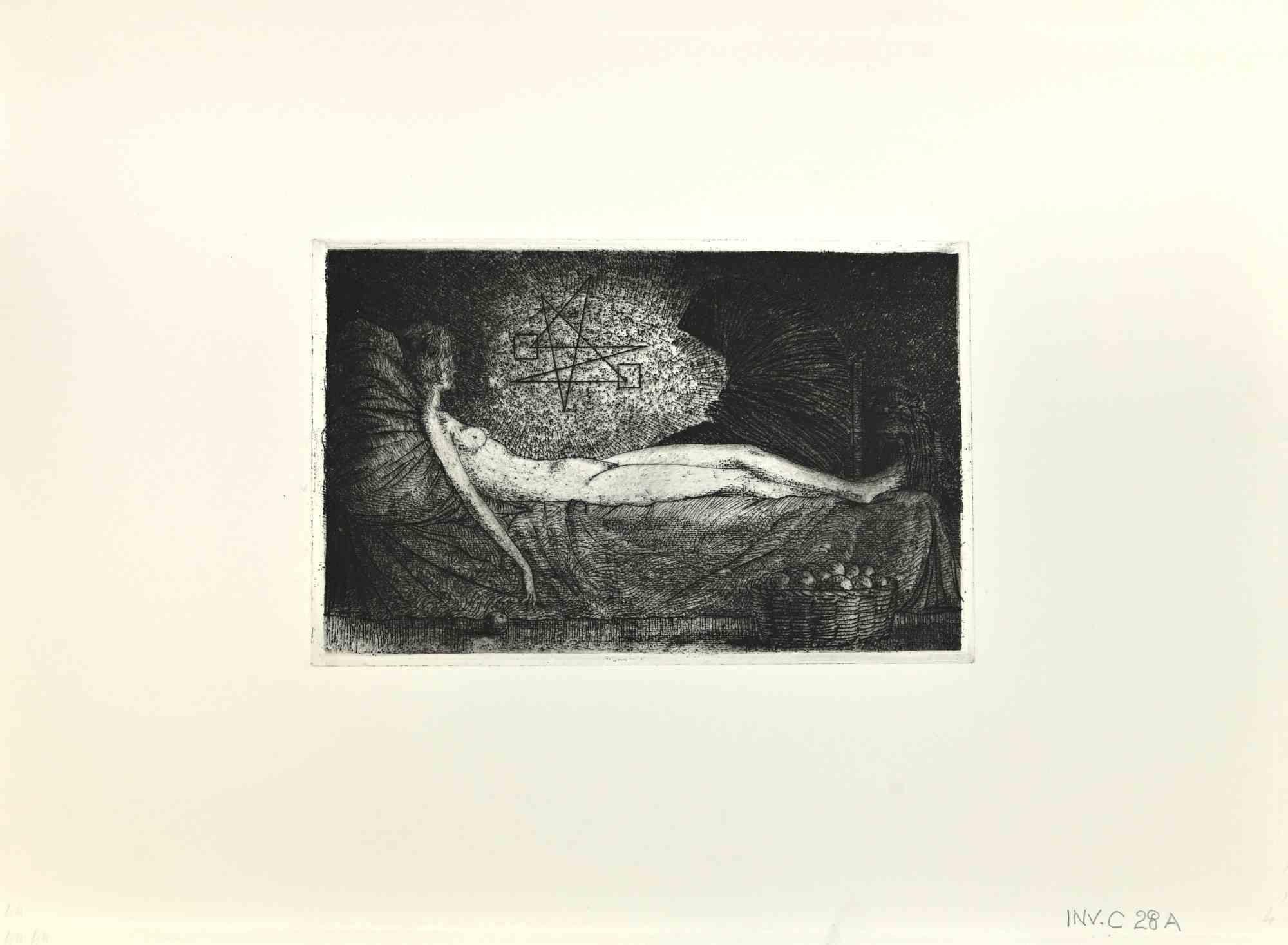 The Vision is an artwork realized by the Contemporary Italian artist  Leo Guida (1992 - 2017) in the 1970s.

Black and white etching on paper.

Good conditions with a slight scratch on the left margin.

Leo Guida  (1992 - 2017). Sensitive to current